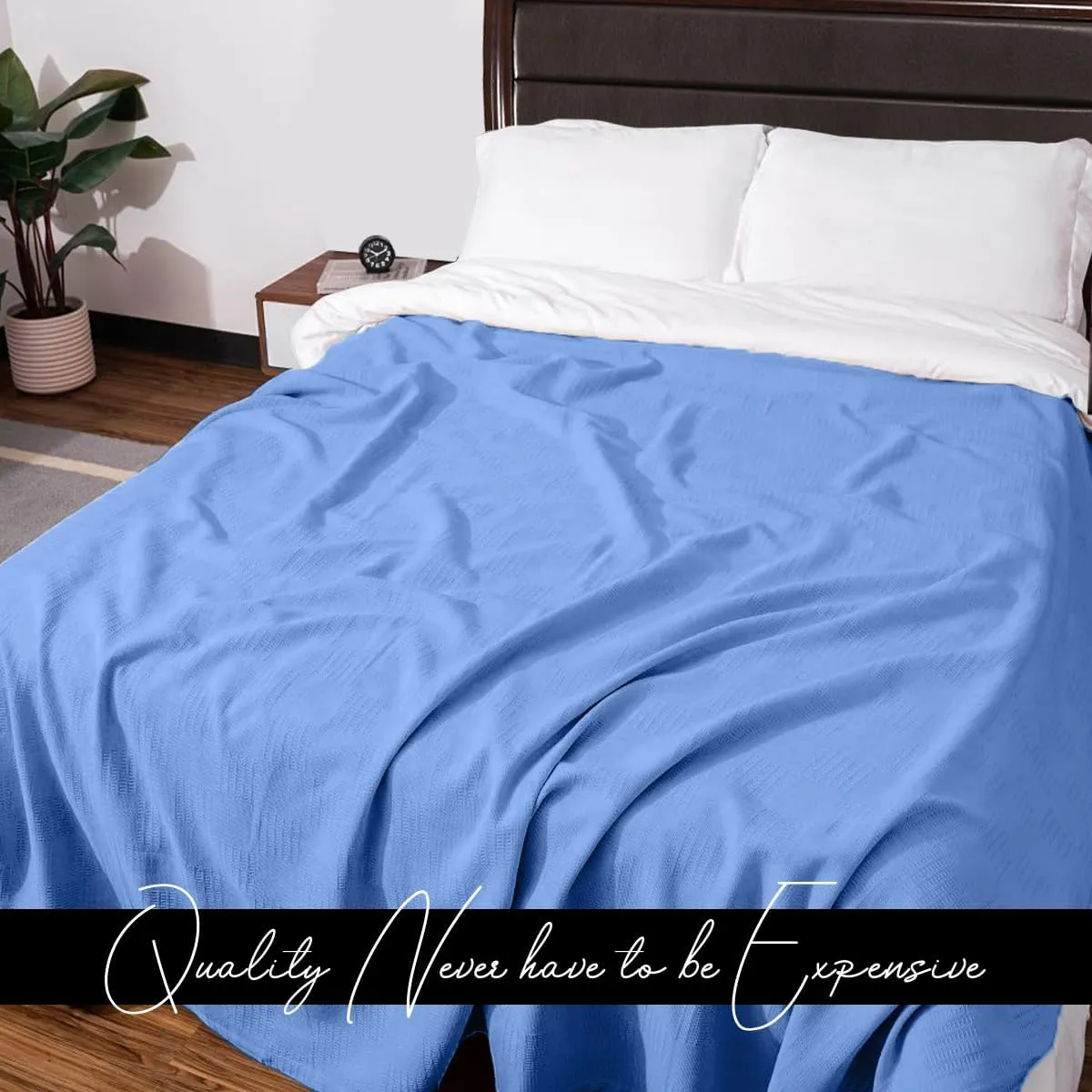 Avalon Bedding 100% Cotton Queen Size Thermal Blanket (90"x90") - Perfect Cotton Blanket for Layering Bed in Any Season - Blue