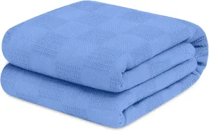 Avalon Bedding 100% Cotton Queen Size Thermal Blanket (90"x90") - Perfect Cotton Blanket for Layering Bed in Any Season - Blue