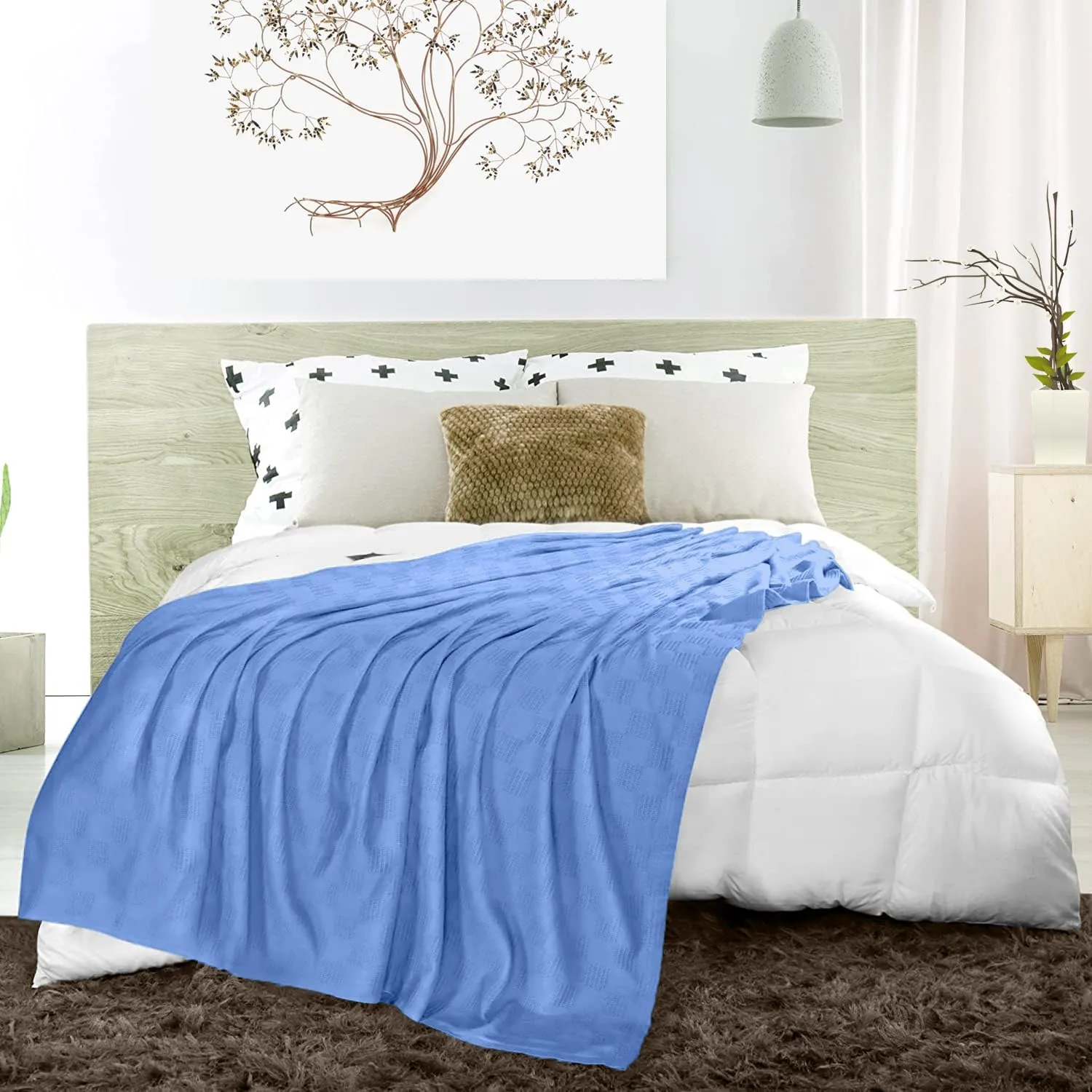 Avalon Bedding 100% Cotton Queen Size Thermal Blanket (90"x90") - Perfect Cotton Blanket for Layering Bed in Any Season - Blue