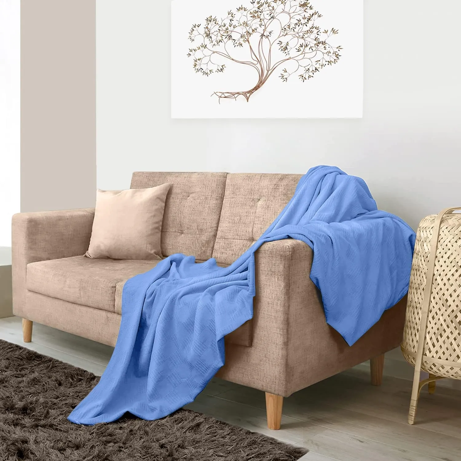Avalon Bedding 100% Cotton Queen Size Thermal Blanket (90"x90") - Perfect Cotton Blanket for Layering Bed in Any Season - Blue