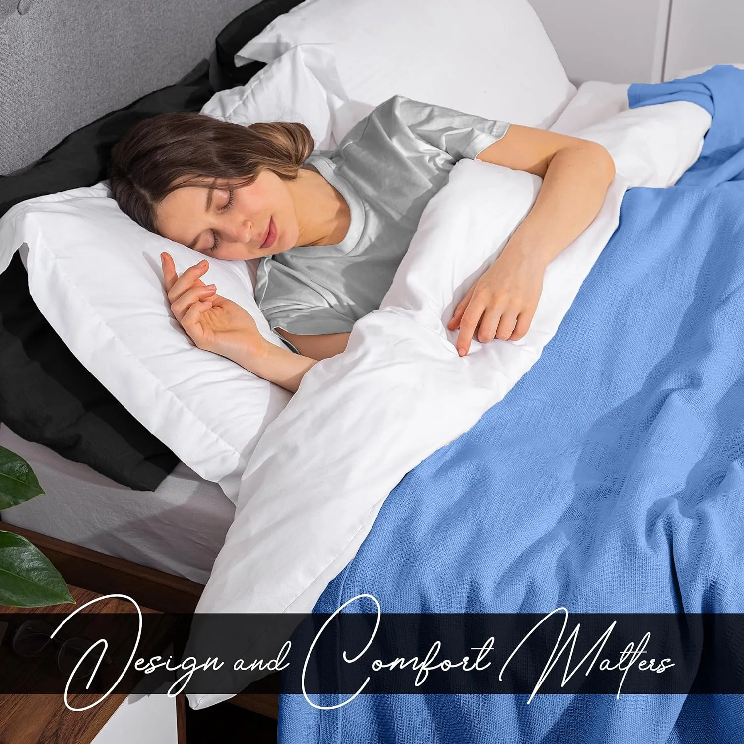 Avalon Bedding 100% Cotton Queen Size Thermal Blanket (90"x90") - Perfect Cotton Blanket for Layering Bed in Any Season - Blue