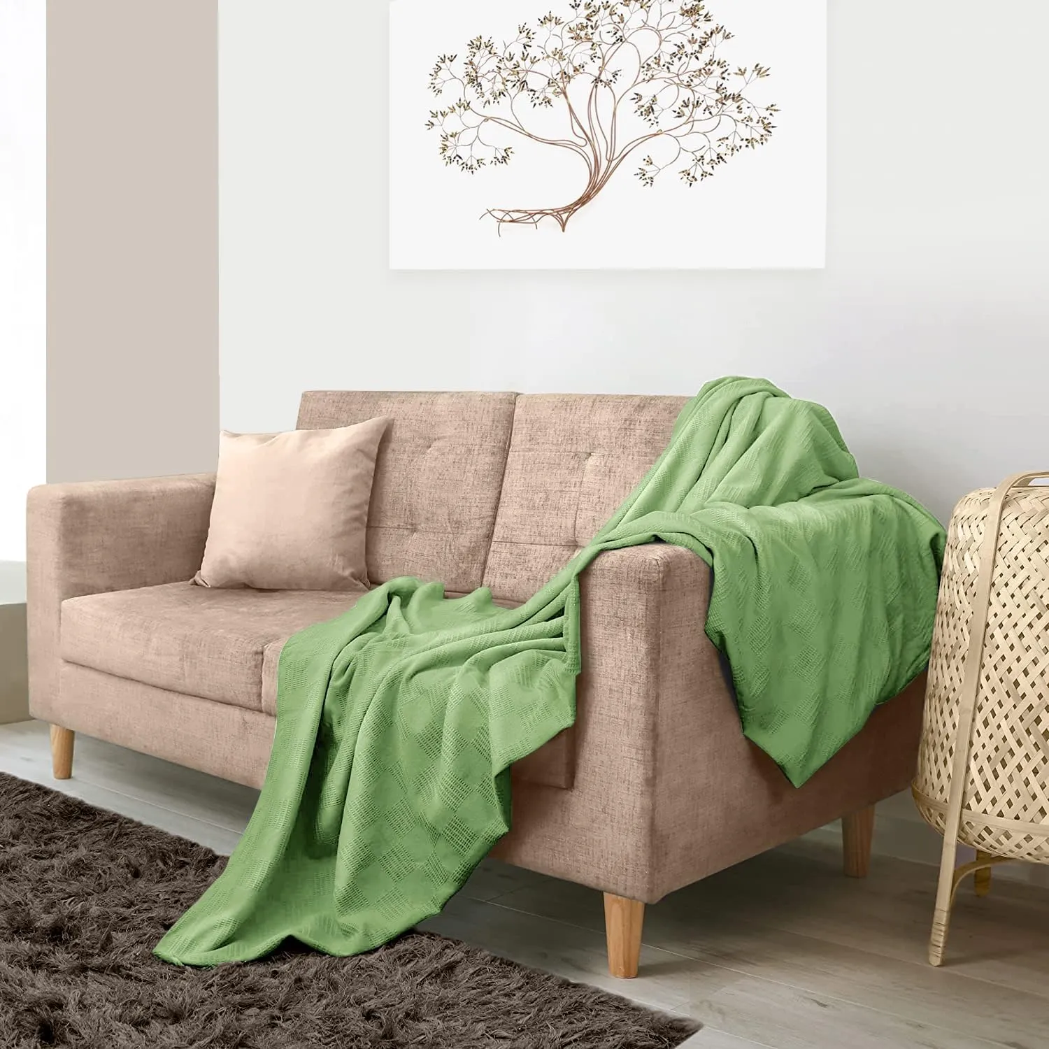Avalon Bedding 100% Cotton Queen Size Thermal Blanket (90"x90") - Perfect Cotton Blanket for Layering Bed in Any Season - Green