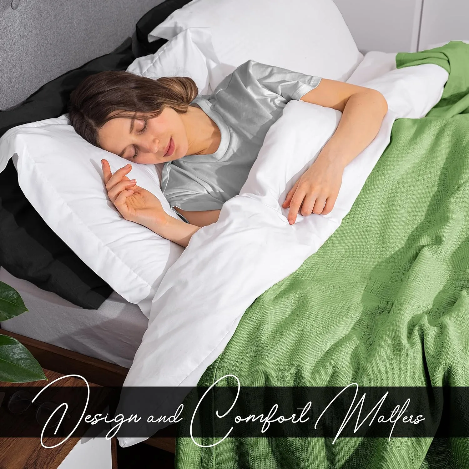 Avalon Bedding 100% Cotton Queen Size Thermal Blanket (90"x90") - Perfect Cotton Blanket for Layering Bed in Any Season - Green