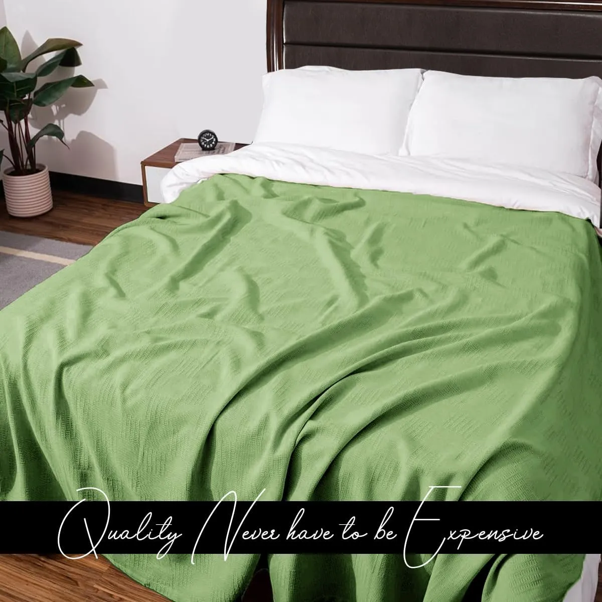 Avalon Bedding 100% Cotton Queen Size Thermal Blanket (90"x90") - Perfect Cotton Blanket for Layering Bed in Any Season - Green
