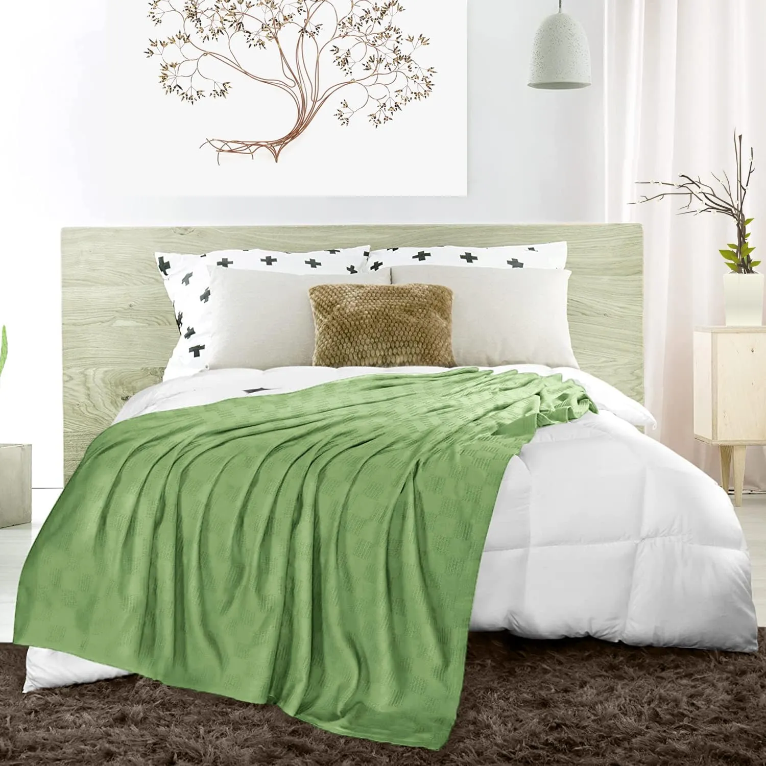 Avalon Bedding 100% Cotton Queen Size Thermal Blanket (90"x90") - Perfect Cotton Blanket for Layering Bed in Any Season - Green