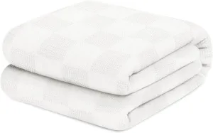 Avalon Bedding 100% Cotton Queen Size Thermal Blanket (90"x90") - Perfect Cotton Blanket for Layering Bed in Any Season - White