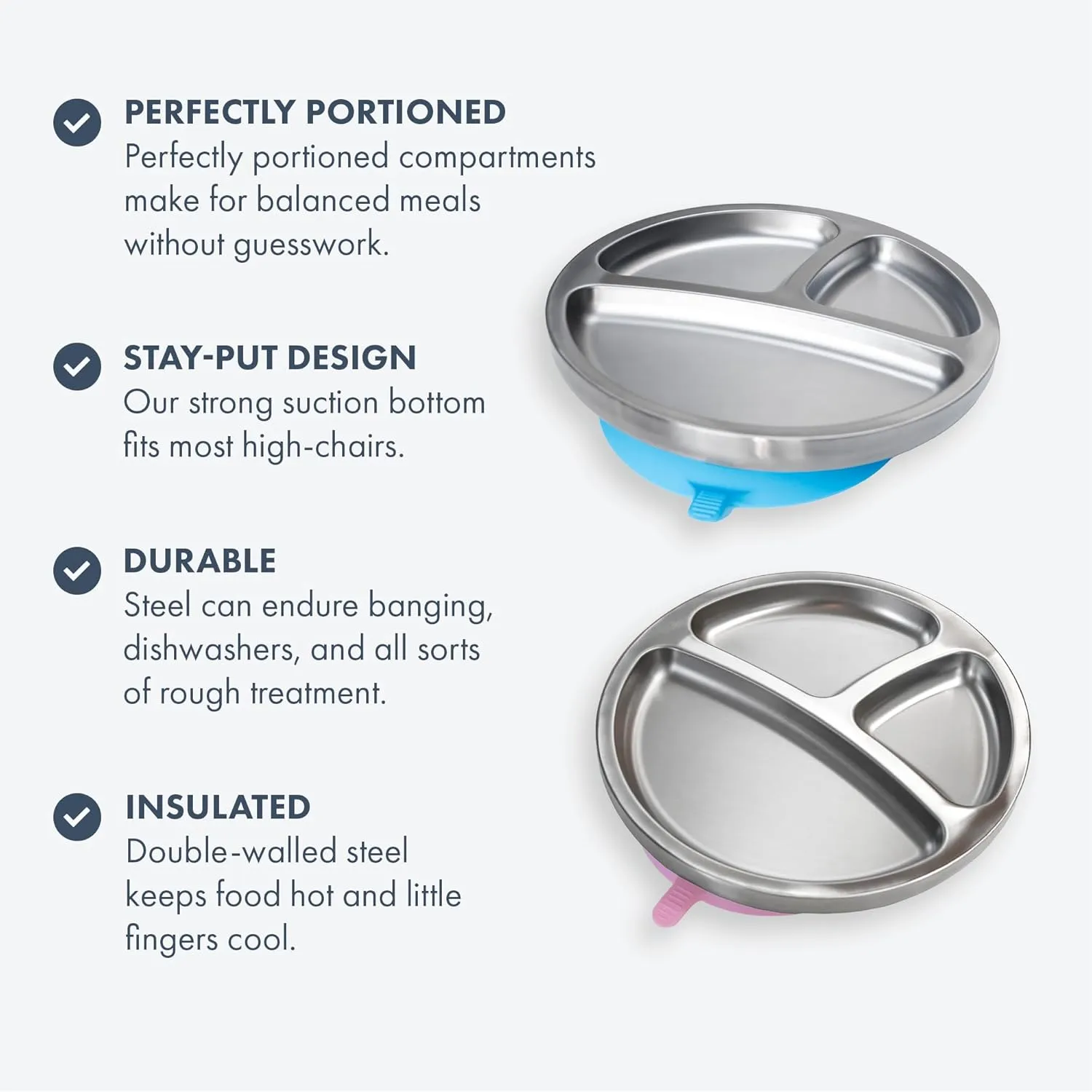 Avanchy Baby Plates with Suction – Stainless Steel Divided Plates for Toddlers, BPA-Free, Dishwasher Safe, Unbreakable, Non-Toxic, 100% Silicone Suction – Gray