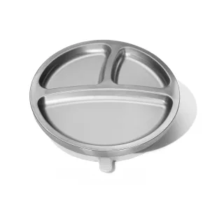 Avanchy Baby Plates with Suction – Stainless Steel Divided Plates for Toddlers, BPA-Free, Dishwasher Safe, Unbreakable, Non-Toxic, 100% Silicone Suction – Gray