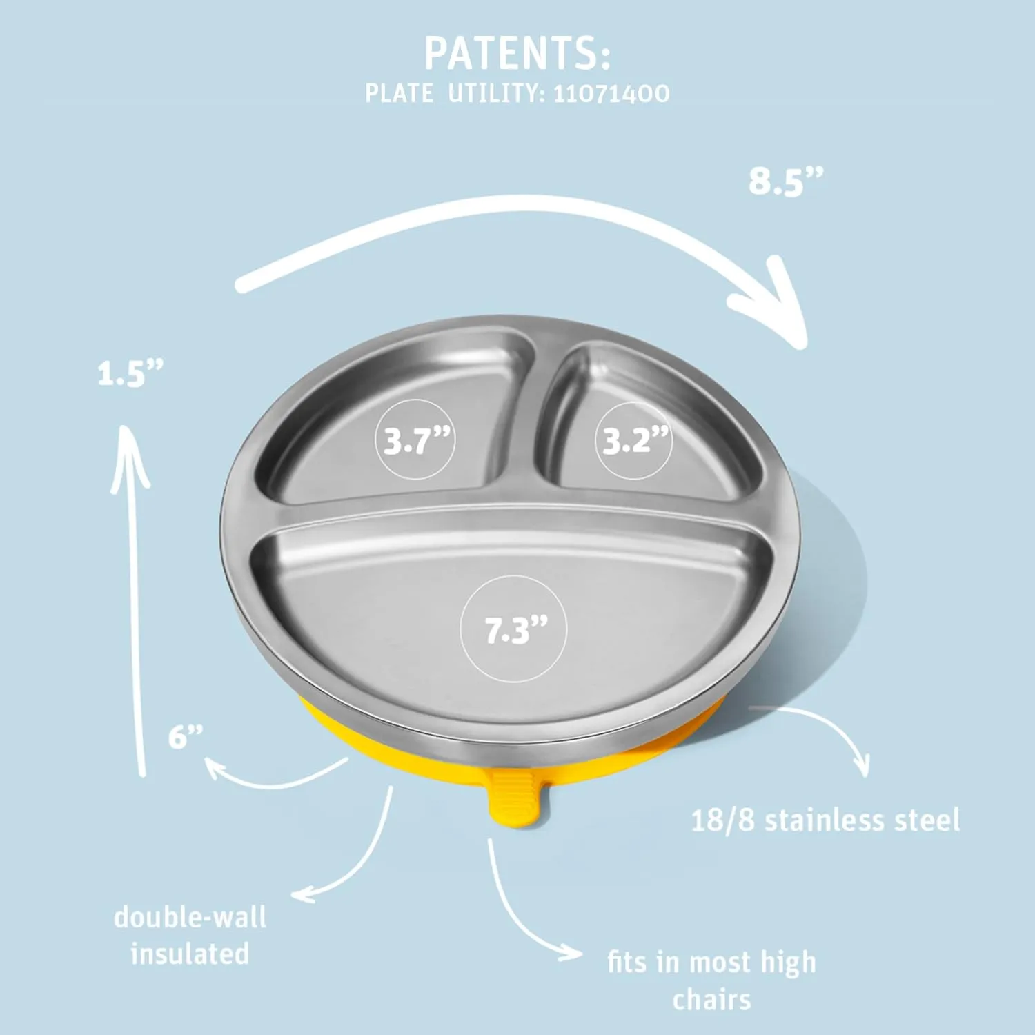 Avanchy Baby Plates with Suction – Stainless Steel Divided Plates for Toddlers, BPA-Free, Dishwasher Safe, Unbreakable, Non-Toxic, 100% Silicone Suction – Gray