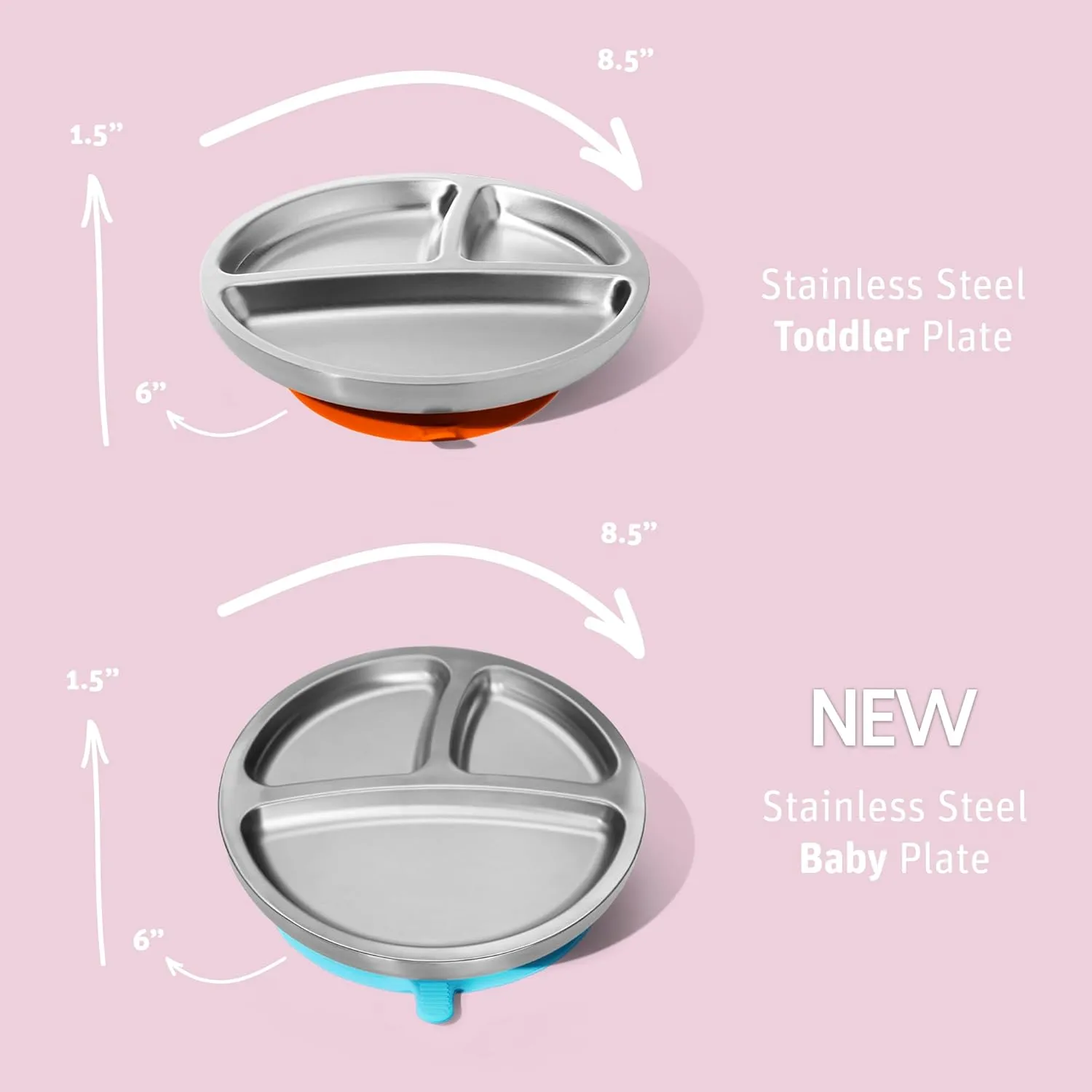 Avanchy Baby Plates with Suction – Stainless Steel Divided Plates for Toddlers, BPA-Free, Dishwasher Safe, Unbreakable, Non-Toxic, 100% Silicone Suction – Orange