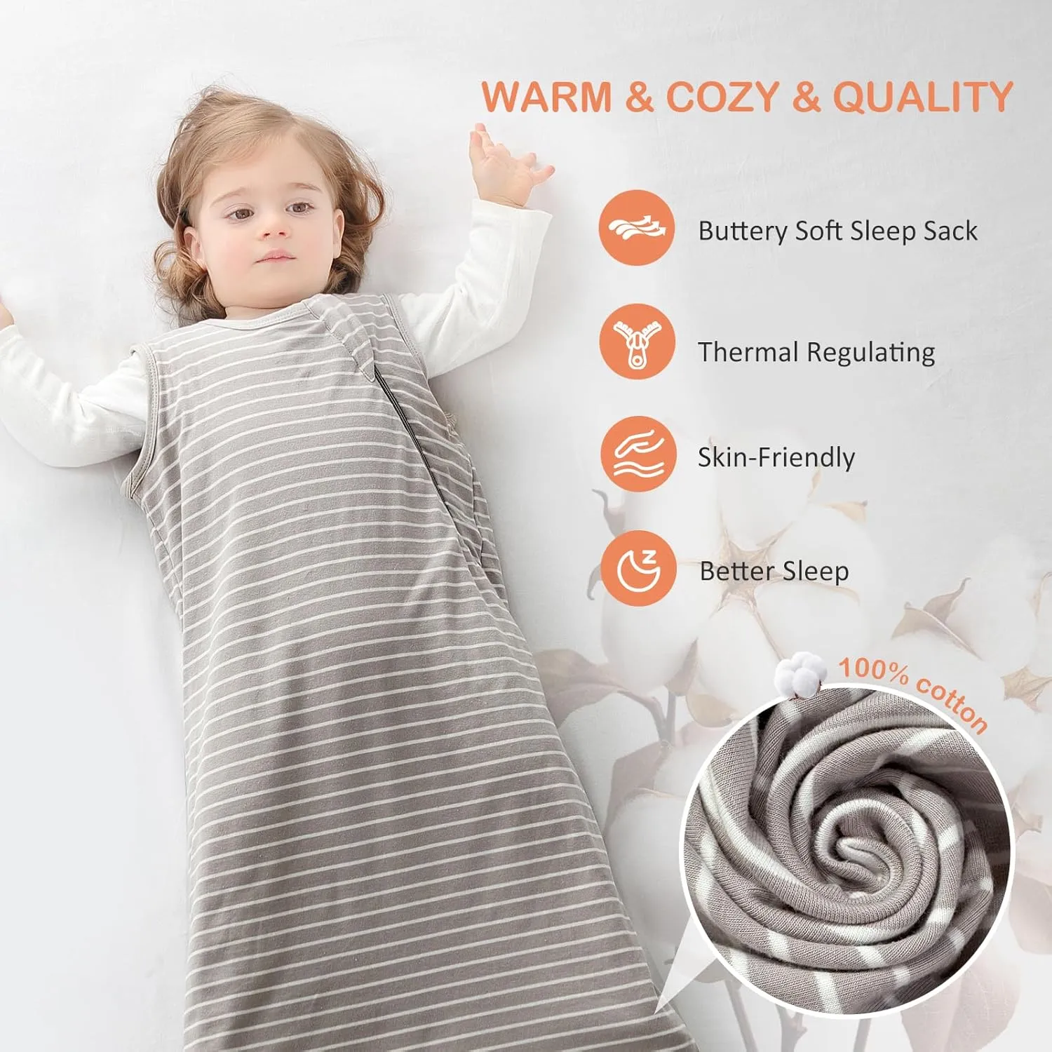 Baby Sleep Sack 100% Cotton Sleeveless Infant Wearable Blanket 2-way J-shaped zipper 1.0 TOG