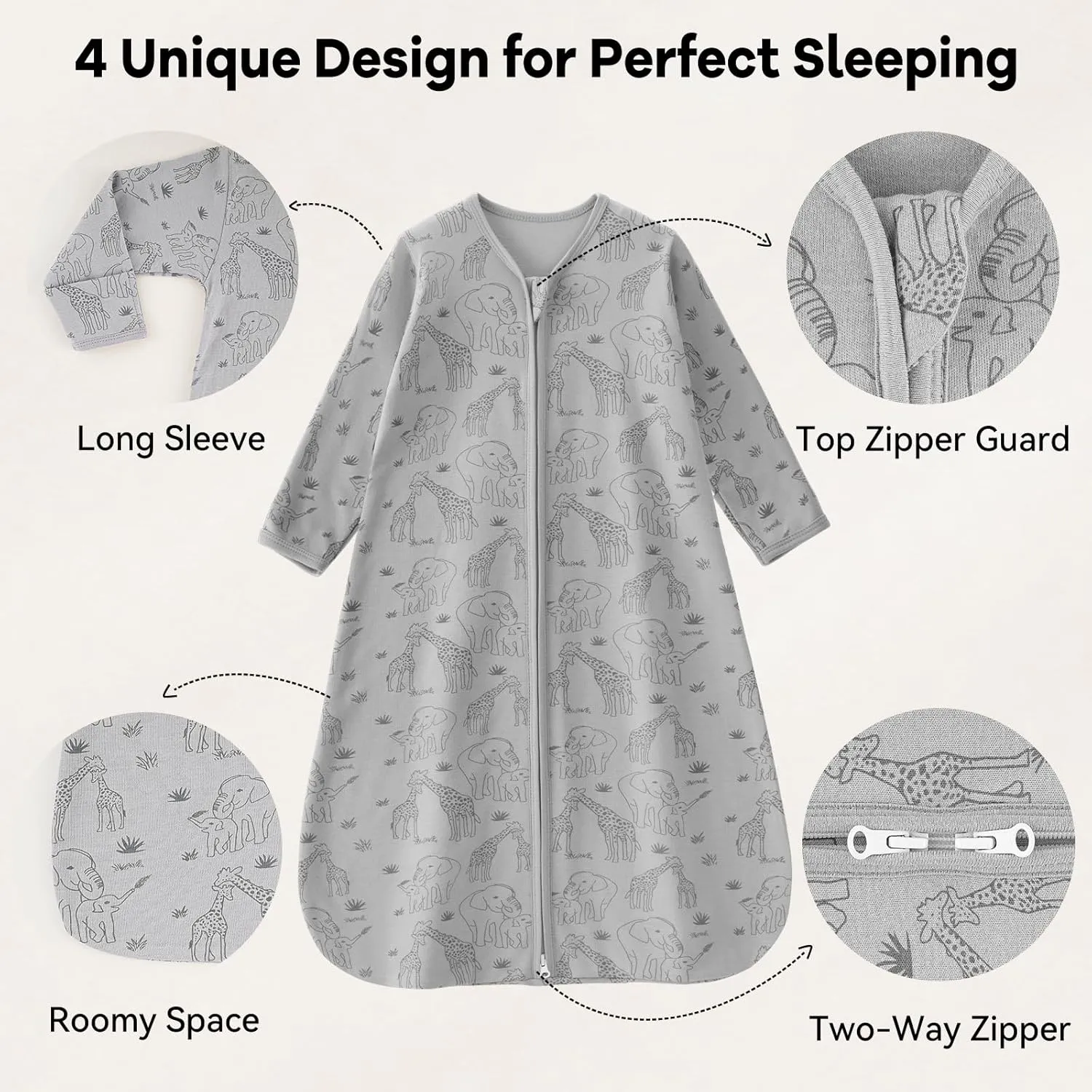 Baby Sleep Sack 12-18 Months 100% Cotton Long Sleeve Wearable Blanket Baby Sleep Bag with 2-Way Zipper 2 Pack 0.5 Tog Sleeping Sack for Newborn Infant Apricot Gray Elephant