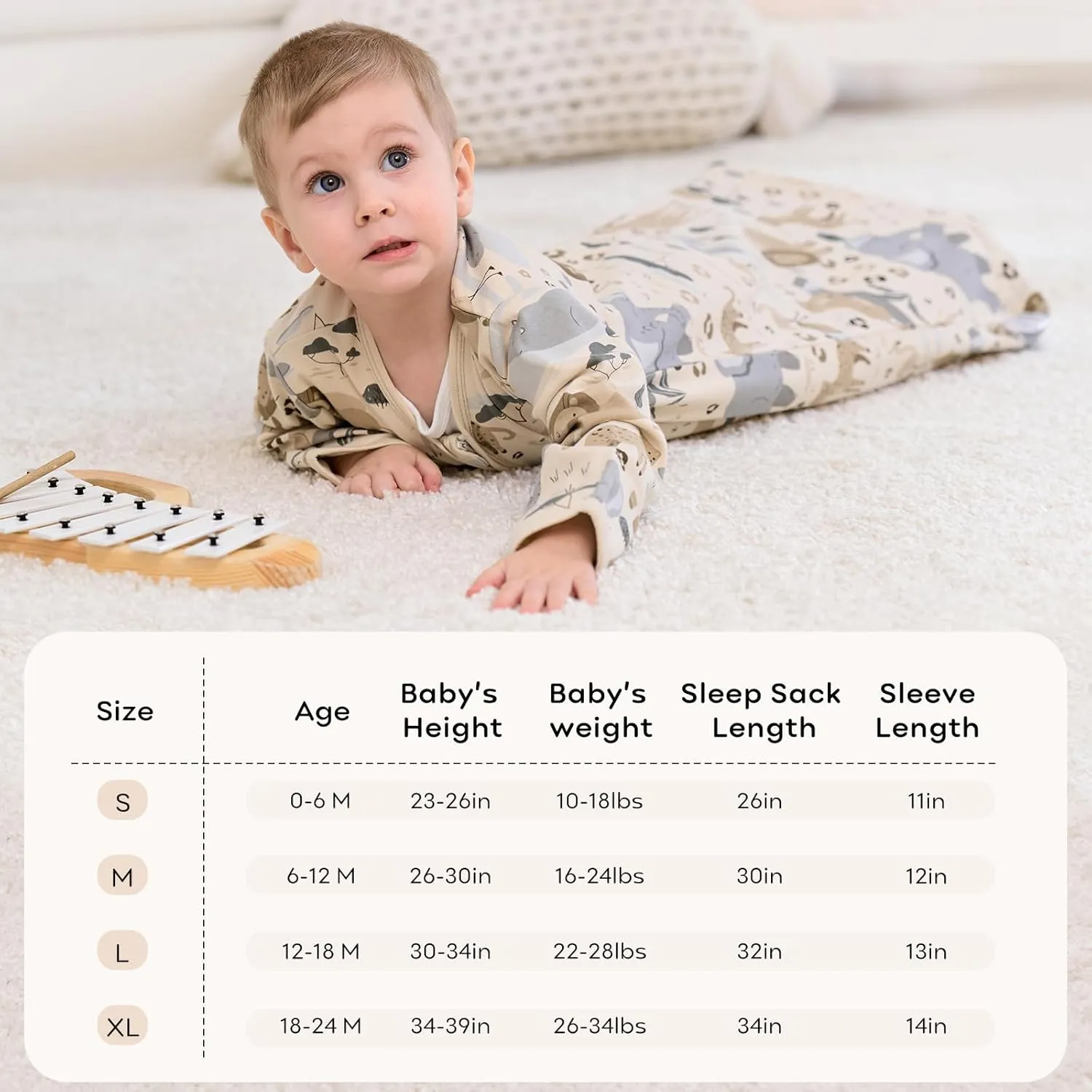 Baby Sleep Sack 12-18 Months 100% Cotton Long Sleeve Wearable Blanket Baby Sleep Bag with 2-Way Zipper 2 Pack 0.5 Tog Sleeping Sack for Newborn Infant Apricot Gray Elephant
