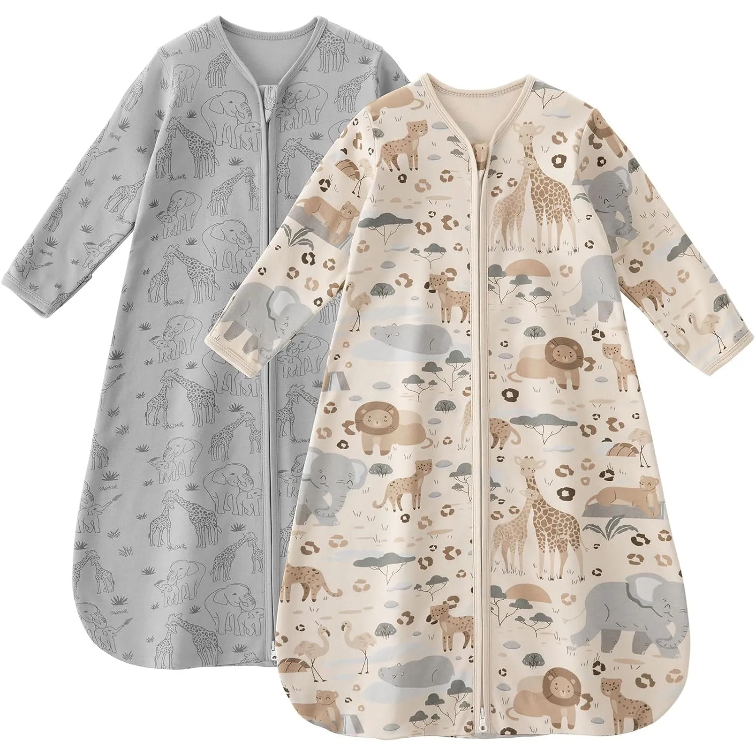 Baby Sleep Sack 12-18 Months 100% Cotton Long Sleeve Wearable Blanket Baby Sleep Bag with 2-Way Zipper 2 Pack 0.5 Tog Sleeping Sack for Newborn Infant Apricot Gray Elephant