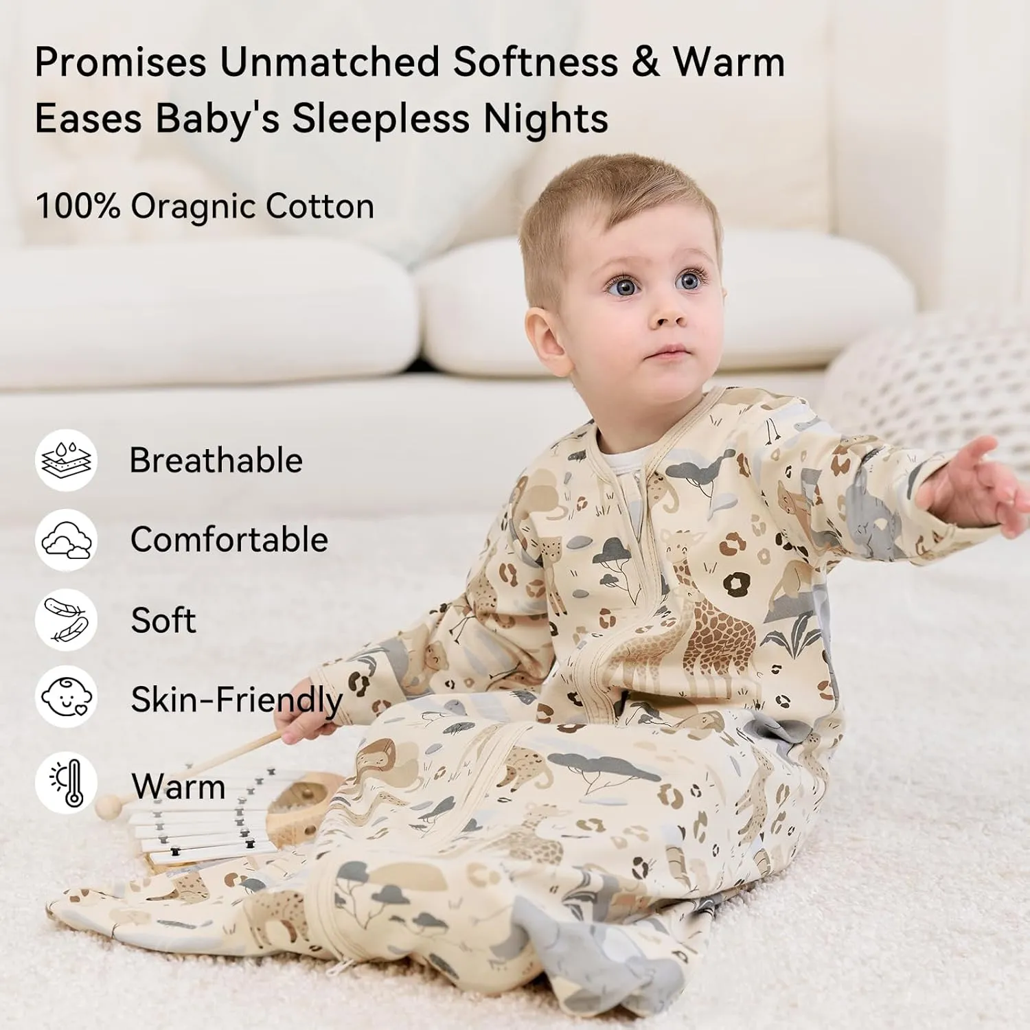 Baby Sleep Sack 12-18 Months 100% Cotton Long Sleeve Wearable Blanket Baby Sleep Bag with 2-Way Zipper 2 Pack 0.5 Tog Sleeping Sack for Newborn Infant Apricot Gray Elephant