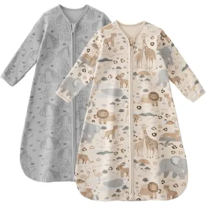 Baby Sleep Sack 12-18 Months 100% Cotton Long Sleeve Wearable Blanket Baby Sleep Bag with 2-Way Zipper 2 Pack 0.5 Tog Sleeping Sack for Newborn Infant Apricot Gray Elephant
