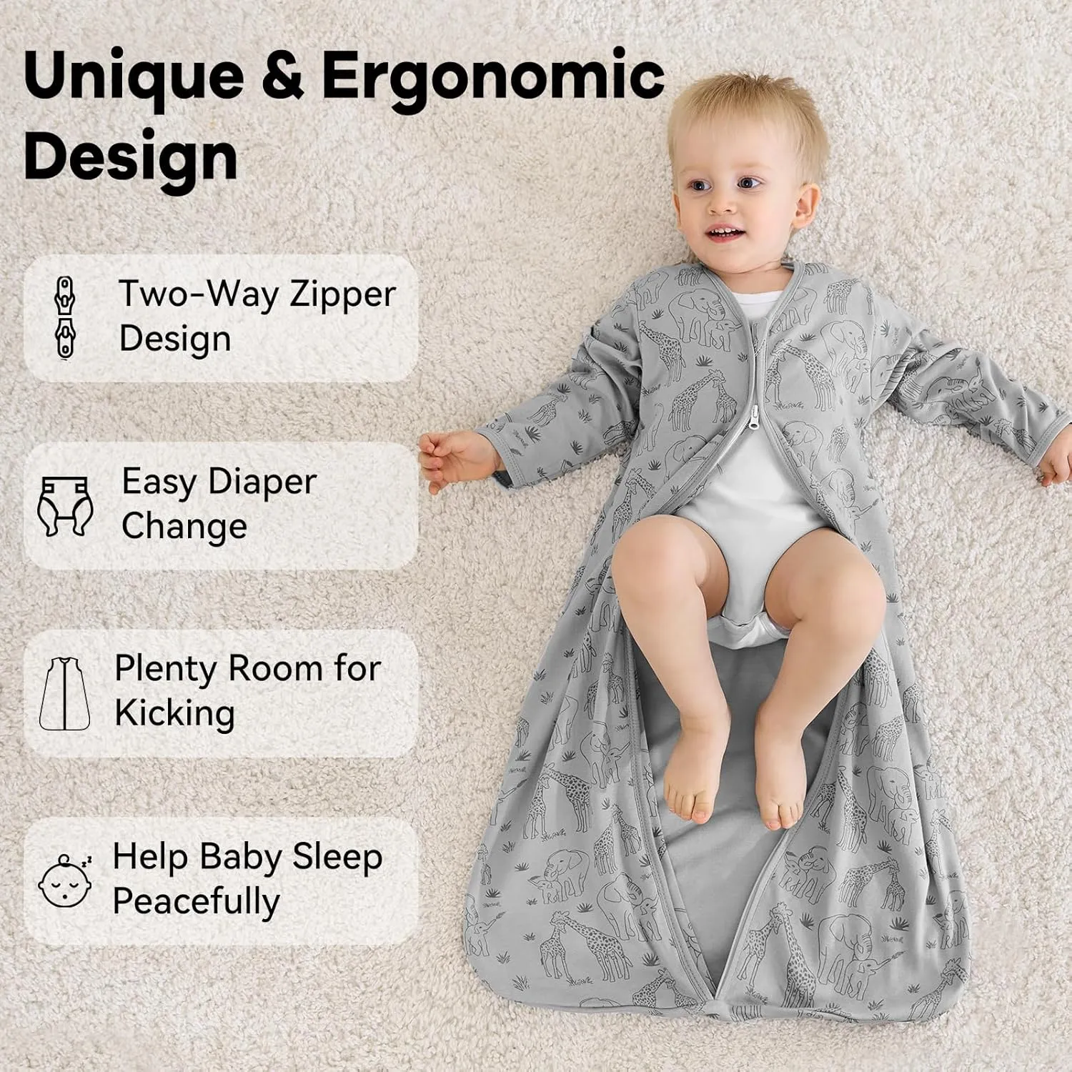 Baby Sleep Sack 12-18 Months 100% Cotton Long Sleeve Wearable Blanket Baby Sleep Bag with 2-Way Zipper 2 Pack 0.5 Tog Sleeping Sack for Newborn Infant Apricot Gray Elephant