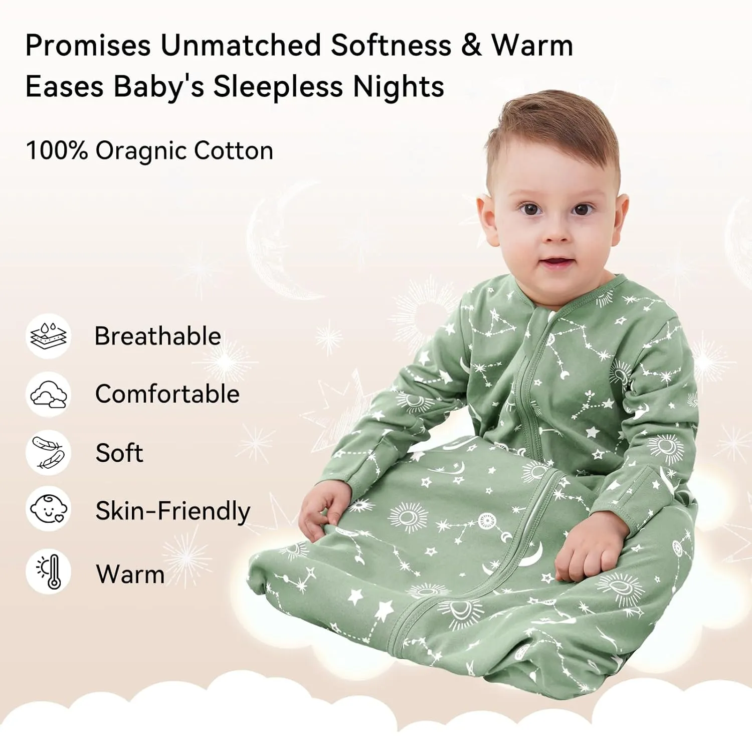 Baby Sleep Sack 12-18 Months 100% Cotton Long Sleeve Wearable Blanket Baby Sleep Bag with 2-Way Zipper 2 Pack 0.5 Tog Sleeping Sack for Newborn Infant