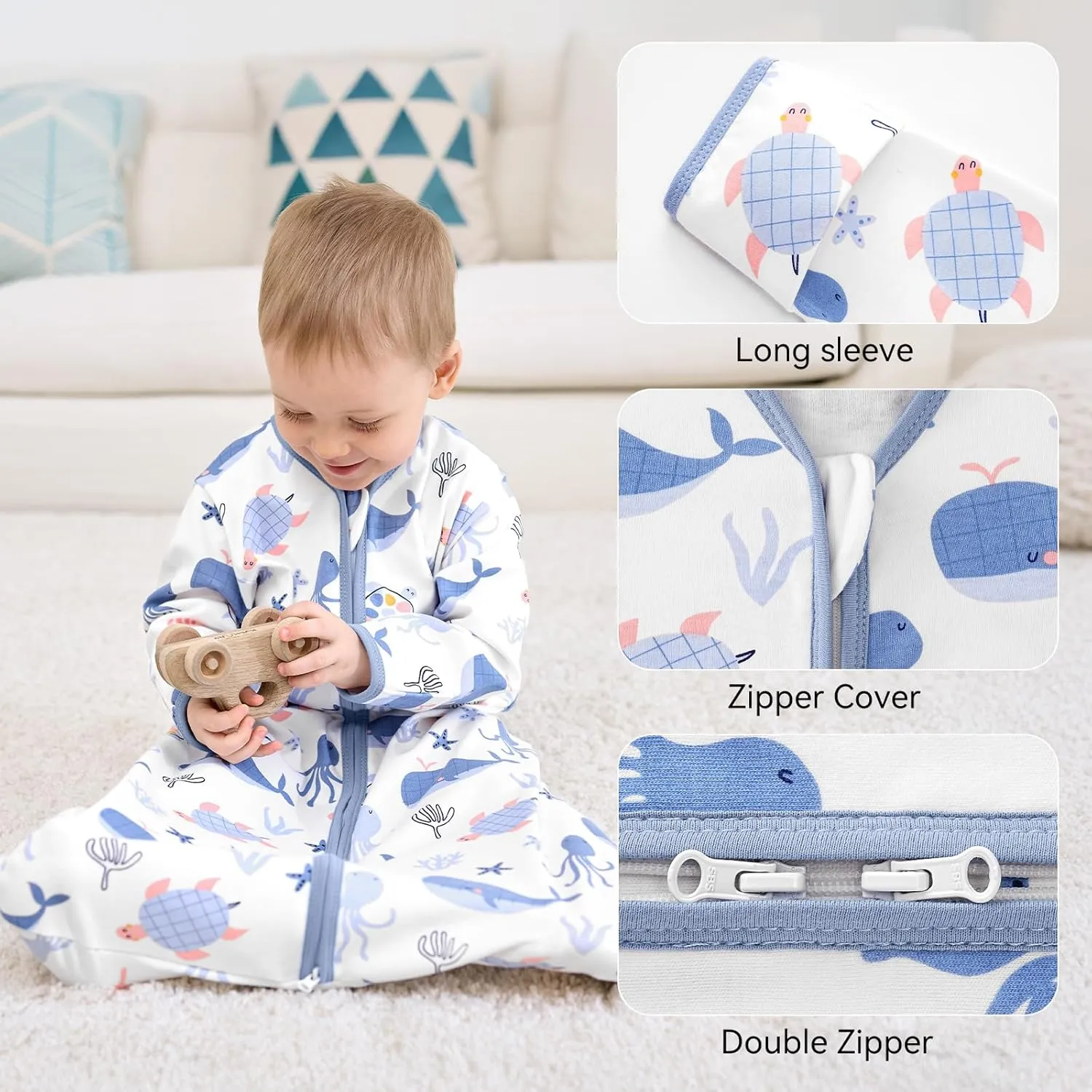Baby Sleep Sack 6-12 Months, Long Sleeve Baby Wearable Blanket 0.5 Tog with Mittens, 2-Way Zipper Infant Cotton Sleeping Sack for Boy and Girl Blue Sea 2 Pack (Medium)
