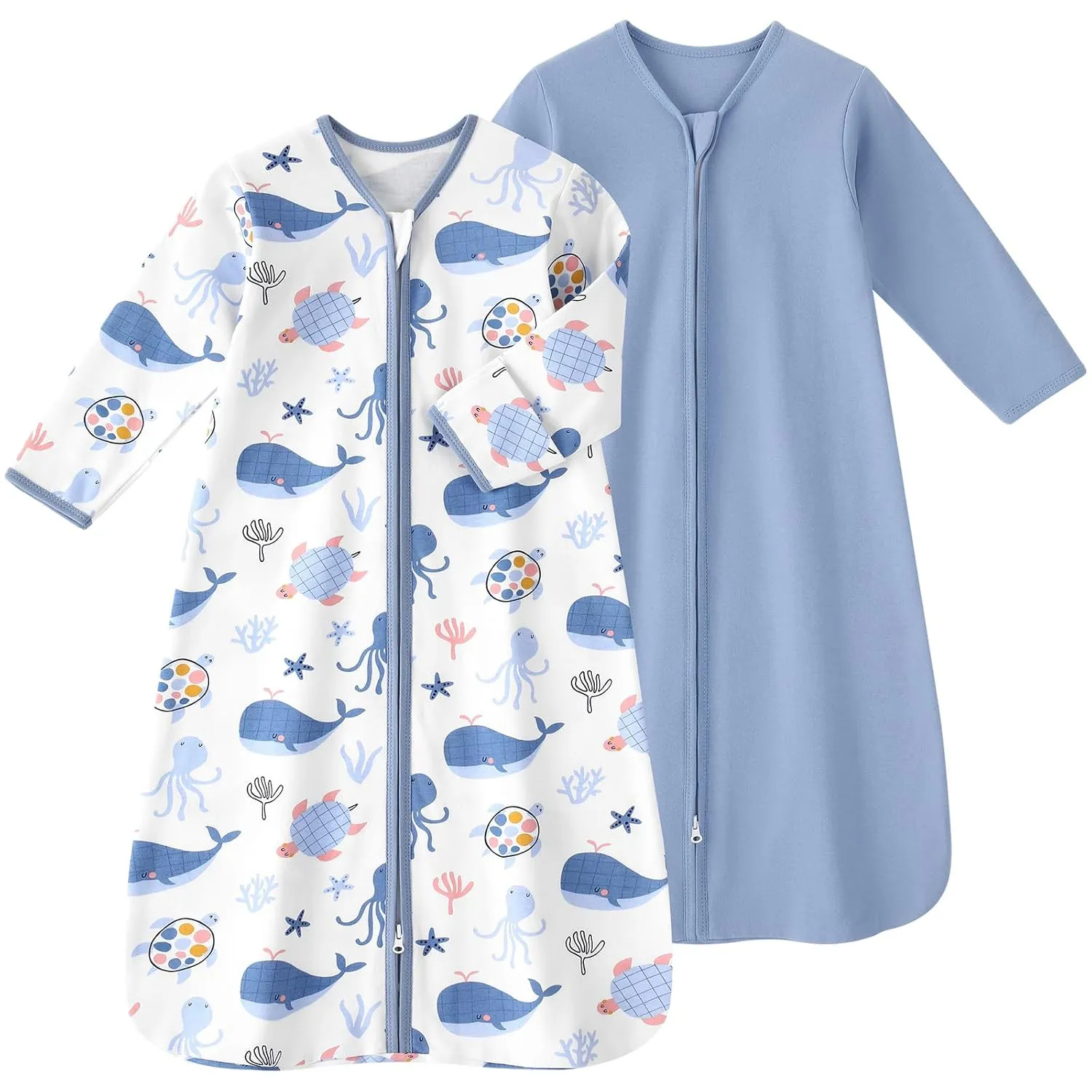 Baby Sleep Sack 6-12 Months, Long Sleeve Baby Wearable Blanket 0.5 Tog with Mittens, 2-Way Zipper Infant Cotton Sleeping Sack for Boy and Girl Blue Sea 2 Pack (Medium)