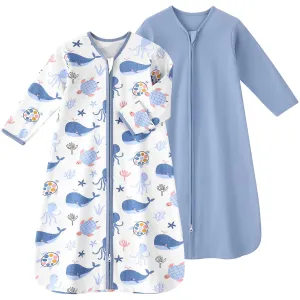 Baby Sleep Sack 6-12 Months, Long Sleeve Baby Wearable Blanket 0.5 Tog with Mittens, 2-Way Zipper Infant Cotton Sleeping Sack for Boy and Girl Blue Sea 2 Pack (Medium)