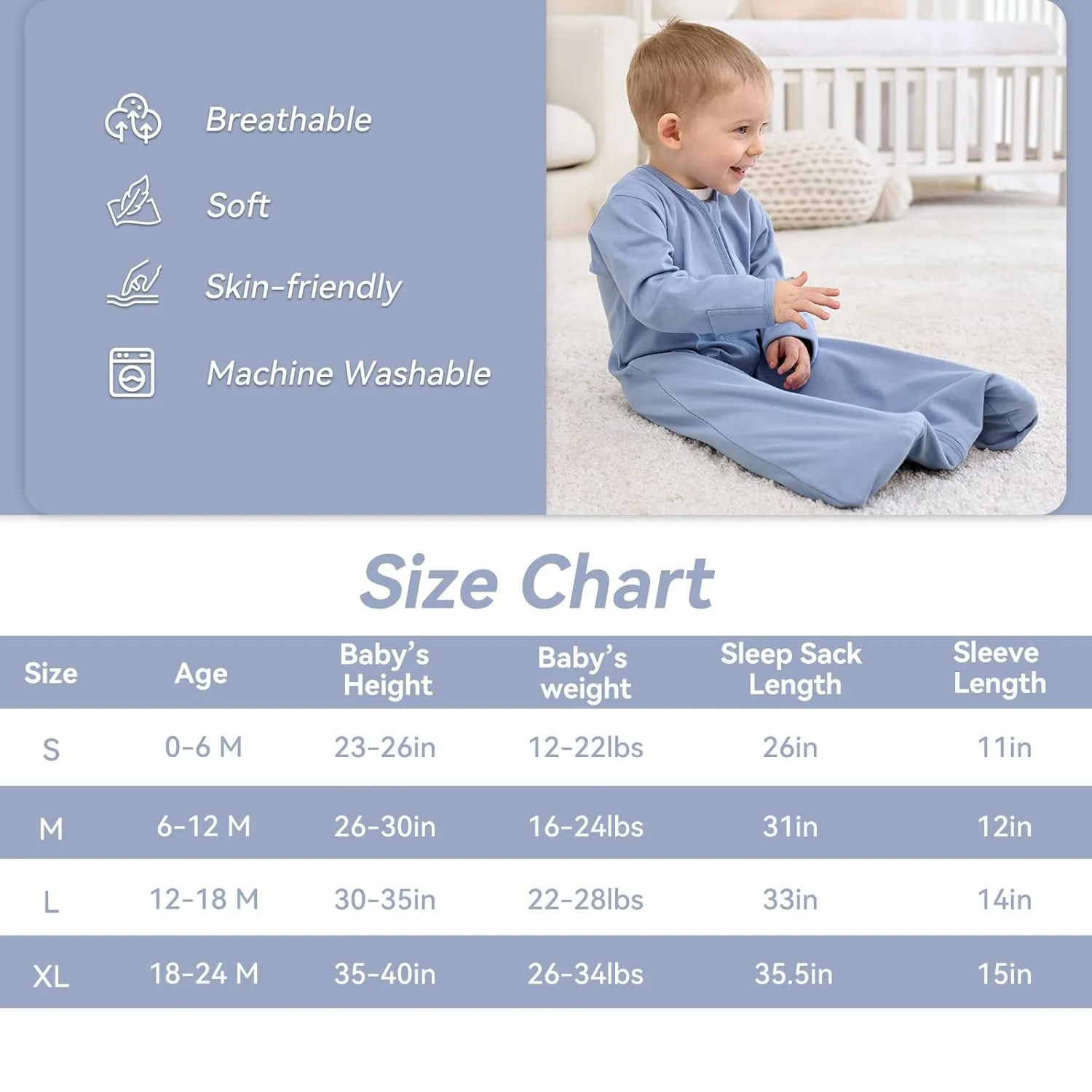 Baby Sleep Sack 6-12 Months, Long Sleeve Baby Wearable Blanket 0.5 Tog with Mittens, 2-Way Zipper Infant Cotton Sleeping Sack for Boy and Girl Blue Sea 2 Pack (Medium)