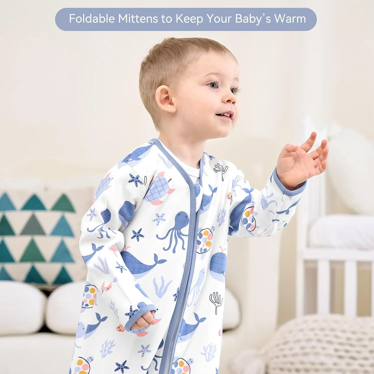 Baby Sleep Sack 6-12 Months, Long Sleeve Baby Wearable Blanket 0.5 Tog with Mittens, 2-Way Zipper Infant Cotton Sleeping Sack for Boy and Girl Blue Sea 2 Pack (Medium)