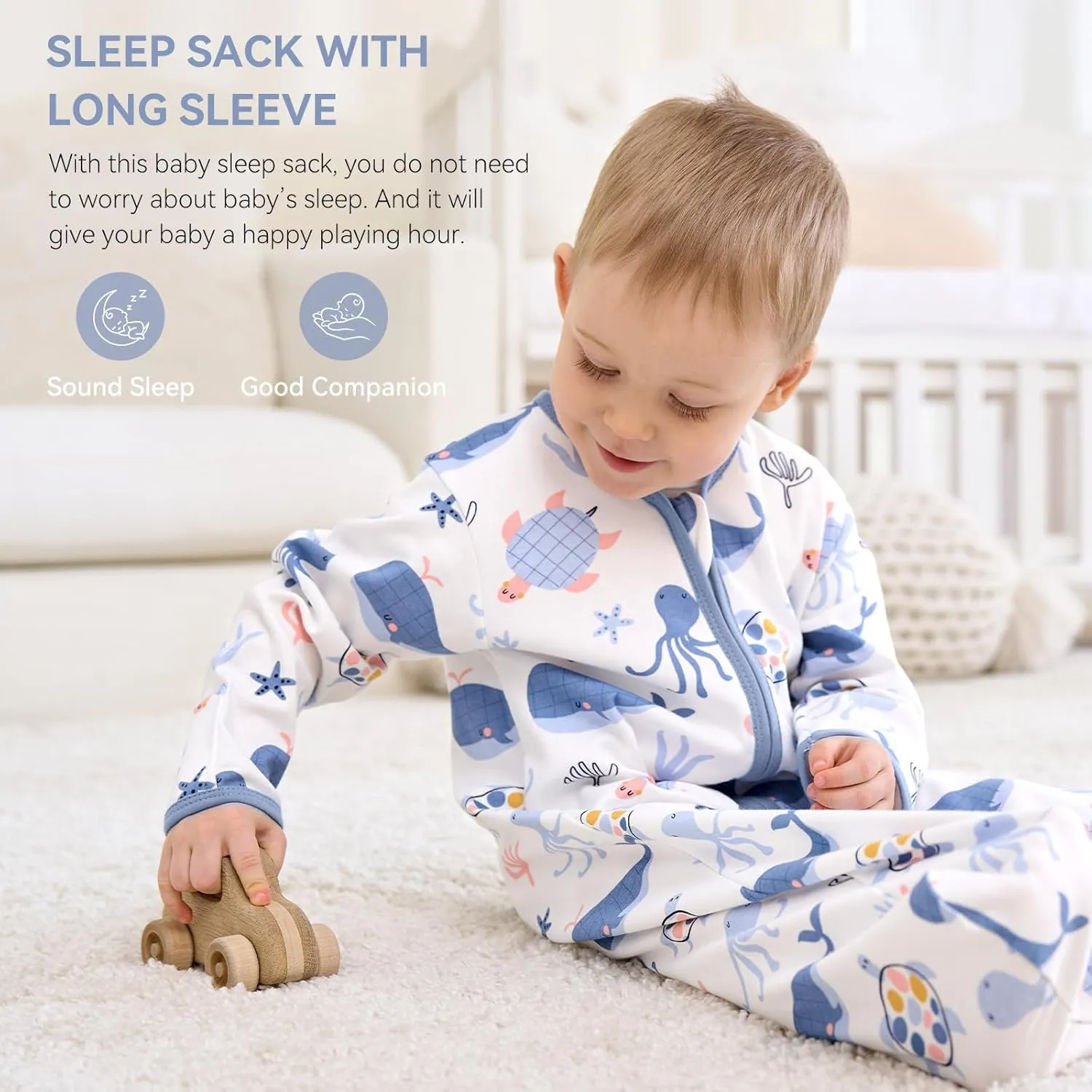 Baby Sleep Sack 6-12 Months, Long Sleeve Baby Wearable Blanket 0.5 Tog with Mittens, 2-Way Zipper Infant Cotton Sleeping Sack for Boy and Girl Blue Sea 2 Pack (Medium)