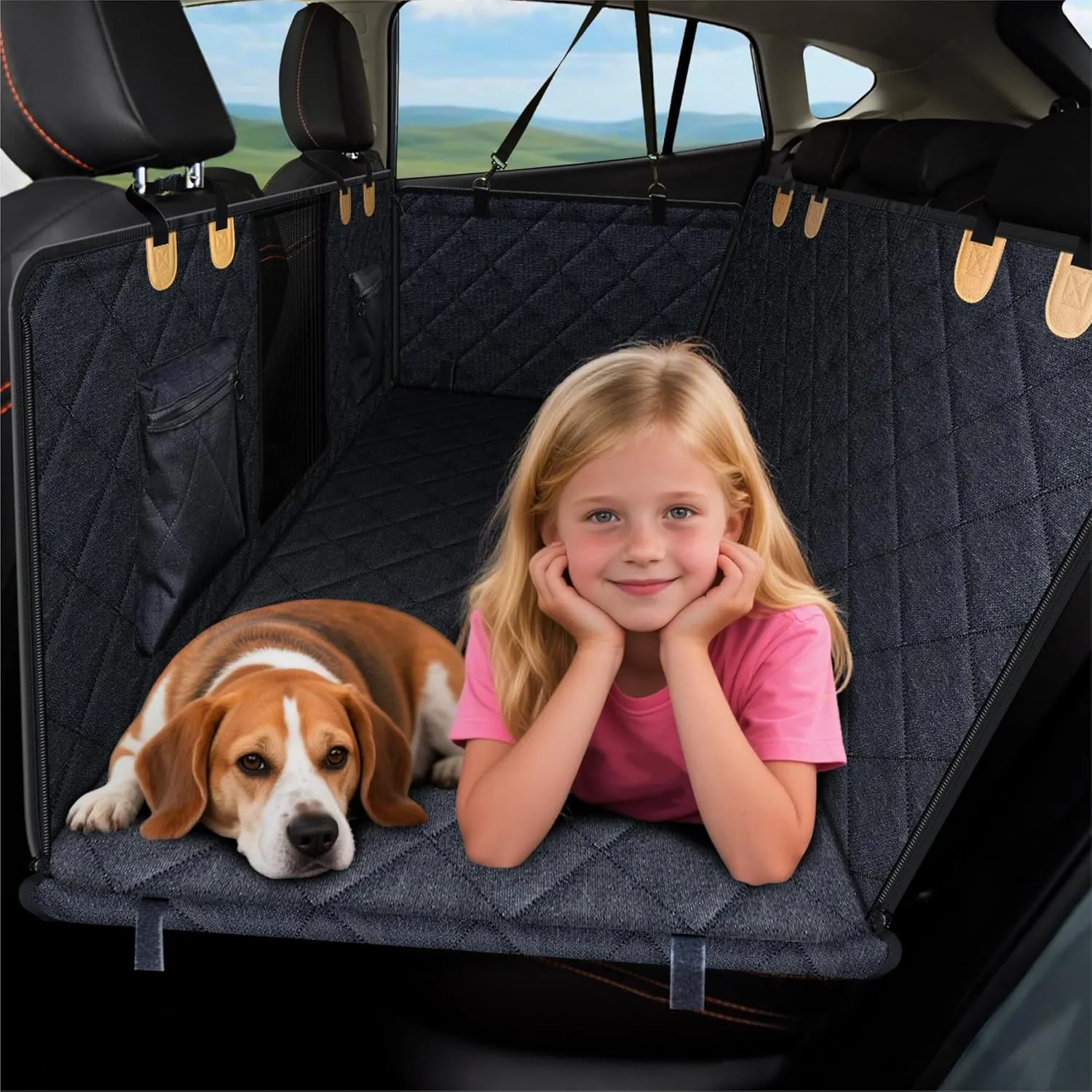 Back Seat Extender for Dog, Waterproof Dog Car Seat Cover for Back Seat, Hard Bottom Car Seat Cover, Large Space Hammock for Car Truck SUV, Pet Seat Cover Holds 450lbs(Black)