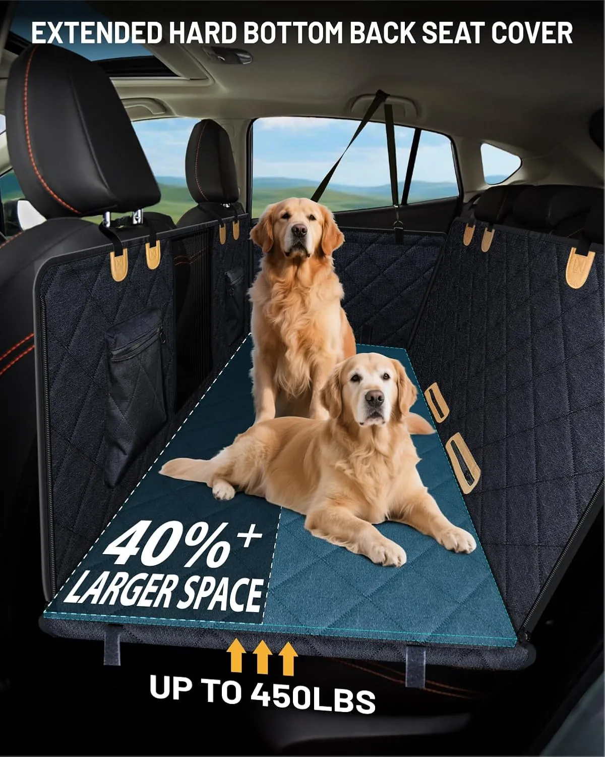 Back Seat Extender for Dog, Waterproof Dog Car Seat Cover for Back Seat, Hard Bottom Car Seat Cover, Large Space Hammock for Car Truck SUV, Pet Seat Cover Holds 450lbs(Black)