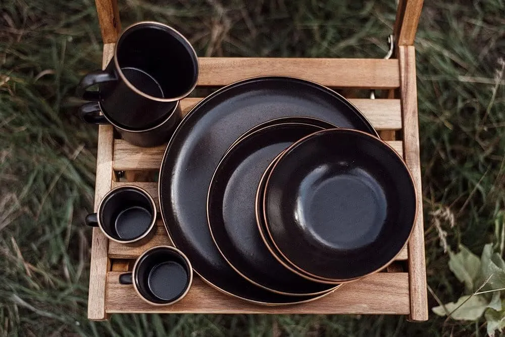 Barebones Enamel Deep Plate - Set of 2 Dinner Plates - Hand-Finished Baked Stainless Steel Trim Plate Set - Camping Kitchen and Dish Set (Charcoal)