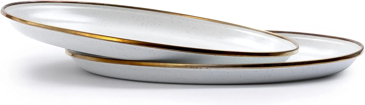 Barebones Enamel Deep Plate - Set of 2 Dinner Plates - Hand-Finished Baked Stainless Steel Trim Plate Set - Camping Kitchen and Dish Set (Eggshell)