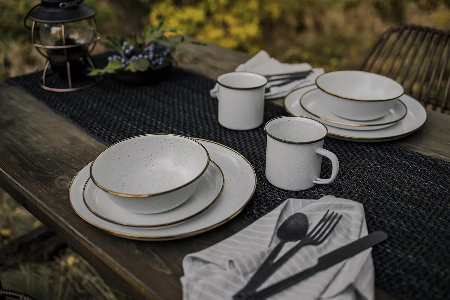 Barebones Enamel Deep Plate - Set of 2 Dinner Plates - Hand-Finished Baked Stainless Steel Trim Plate Set - Camping Kitchen and Dish Set (Eggshell)