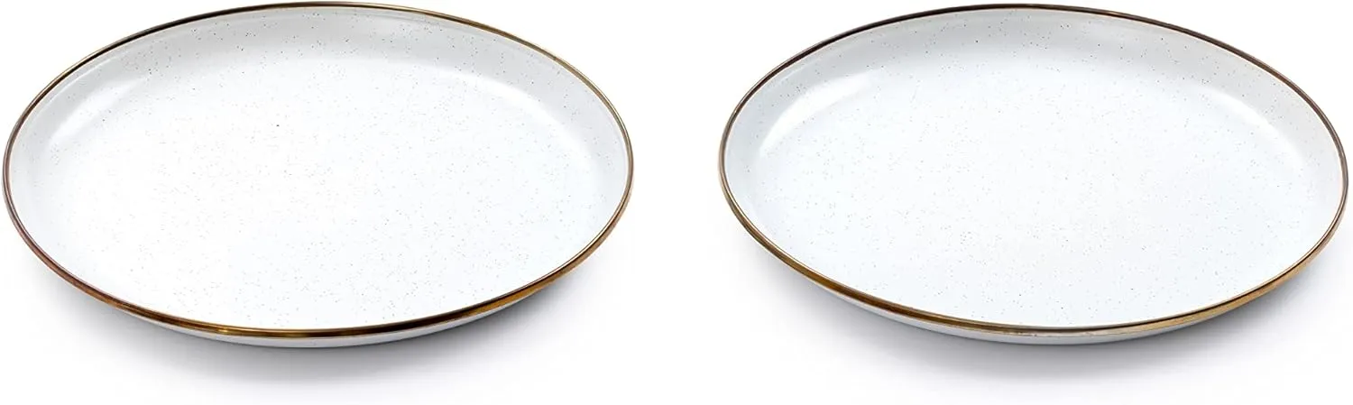 Barebones Enamel Deep Plate - Set of 2 Dinner Plates - Hand-Finished Baked Stainless Steel Trim Plate Set - Camping Kitchen and Dish Set (Eggshell)
