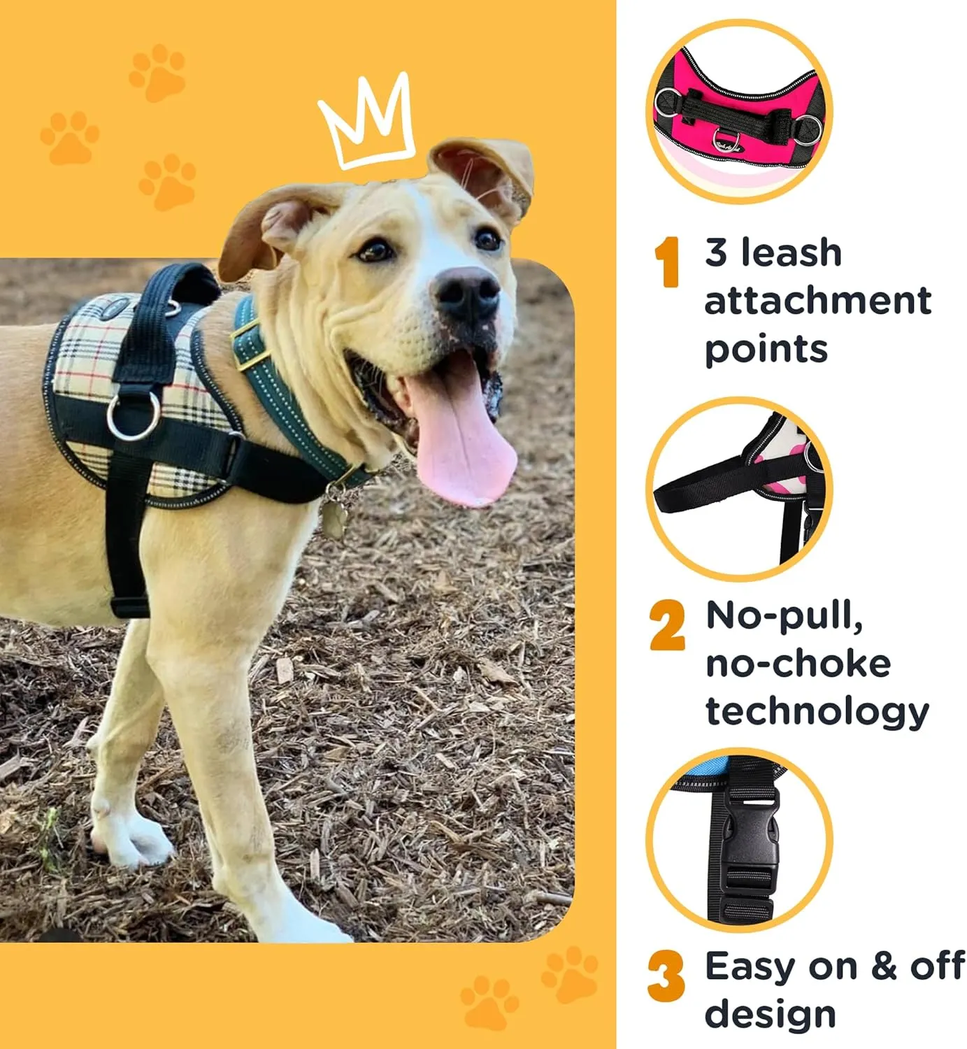 Bark Appeal Purple No-Pull Dog Harness for Large to Extra Large Sized Pets – Adjustable, Reflective Vest with 3 Leash Clips for Added Control, Easy Walks & Training – XL