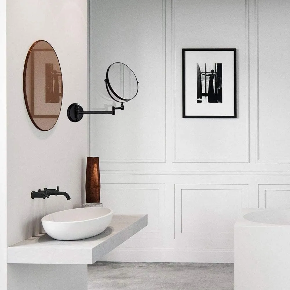 Bathroom Makeup Mirror Wall Mounted Black 8 Inch 1x/10x Magnification Shaving Mirrors Double Sided 360°