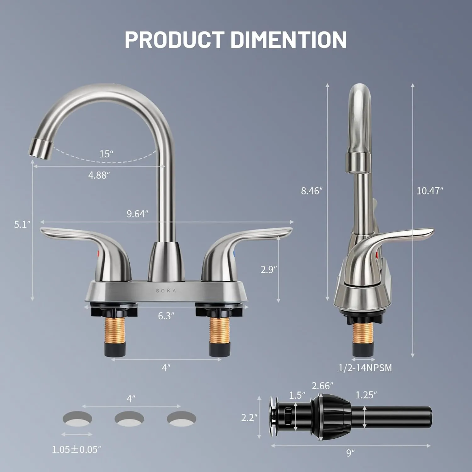 Bathroom Sink Faucet for 3 Hole, 4 Inch Stainless Steel Faucet for Bathroom, Bathroom Faucets with Deck Plate & Pop-Up Pop-Up Drain Assembly 2-Handle Faucet for Bathroom Sink Vanity RV Restroom