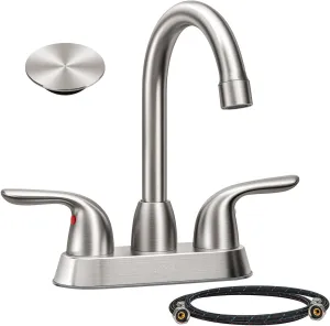 Bathroom Sink Faucet for 3 Hole, 4 Inch Stainless Steel Faucet for Bathroom, Bathroom Faucets with Deck Plate & Pop-Up Pop-Up Drain Assembly 2-Handle Faucet for Bathroom Sink Vanity RV Restroom