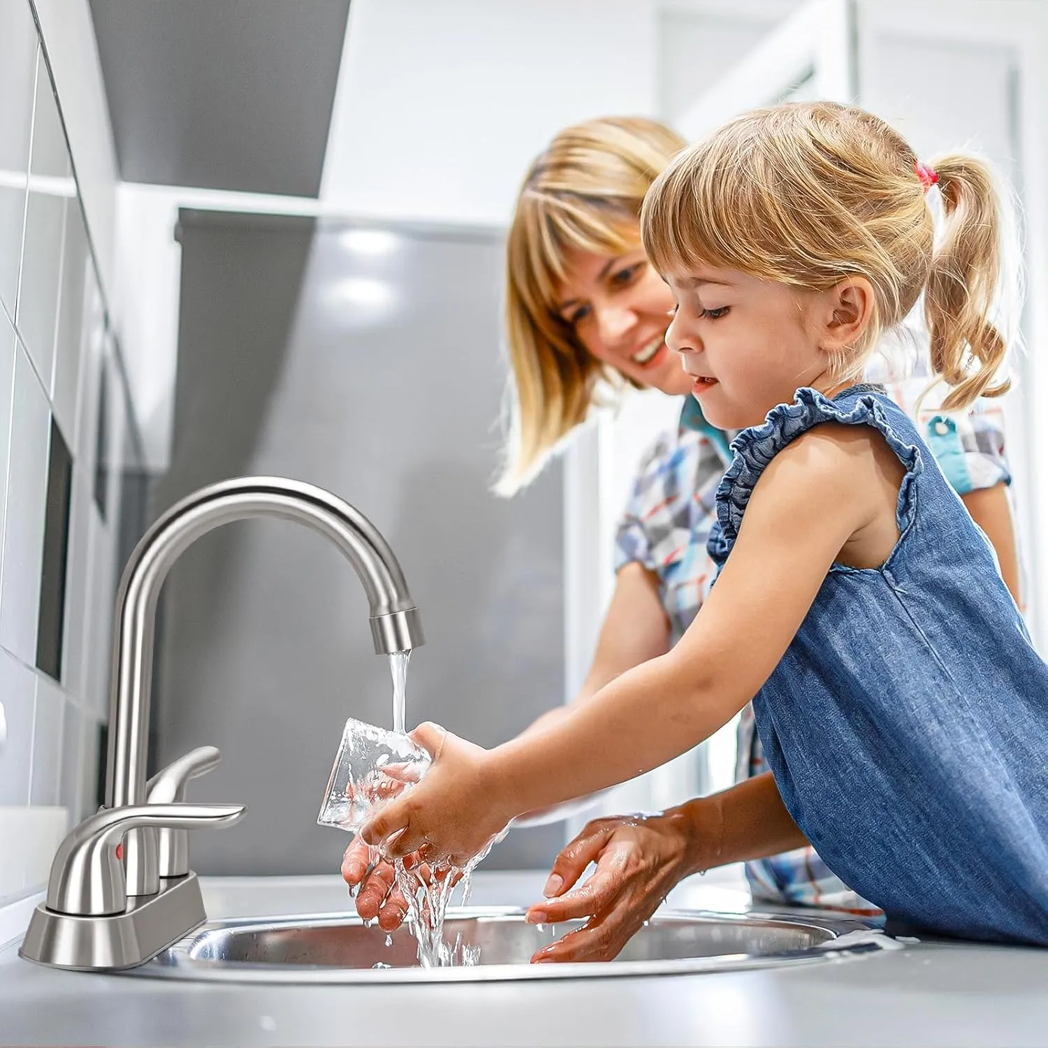 Bathroom Sink Faucet for 3 Hole, 4 Inch Stainless Steel Faucet for Bathroom, Bathroom Faucets with Deck Plate & Pop-Up Pop-Up Drain Assembly 2-Handle Faucet for Bathroom Sink Vanity RV Restroom