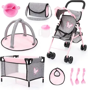 Bayer Design Dolls: Buggy 10 Piece Set - Grey, Pink, Butterfly - Stroller, Play Mat, Bed & Accessories Set for Dolls Up to 18", Kids Toy, Ages 3 