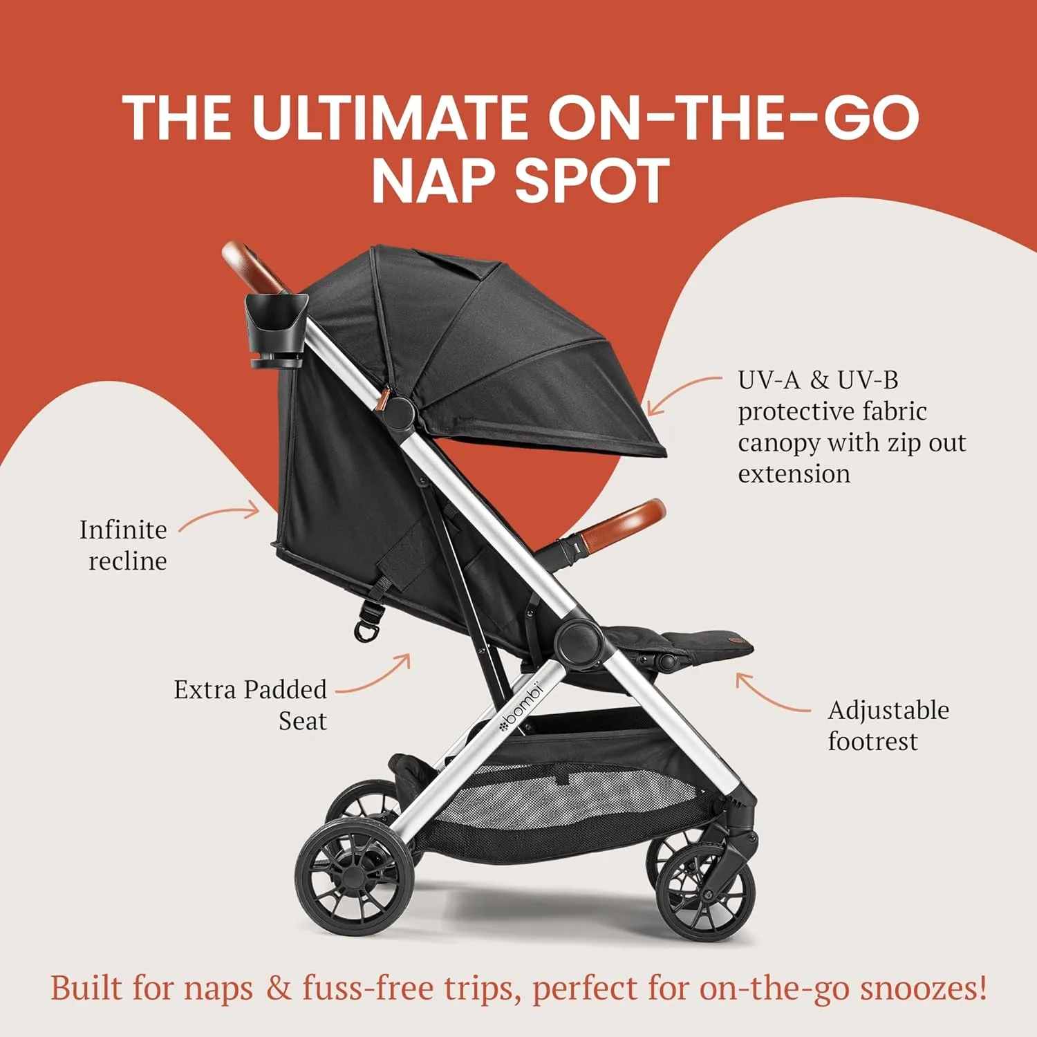 Bēbee V2 Lightweight Baby Stroller - Premium Vegan Leather, One-Hand Fold, Infinite Recline, Aircraft-Grade Aluminum Frame, XXL Canopy, and Ample Storage Umbrella Stroller - Storm Blue