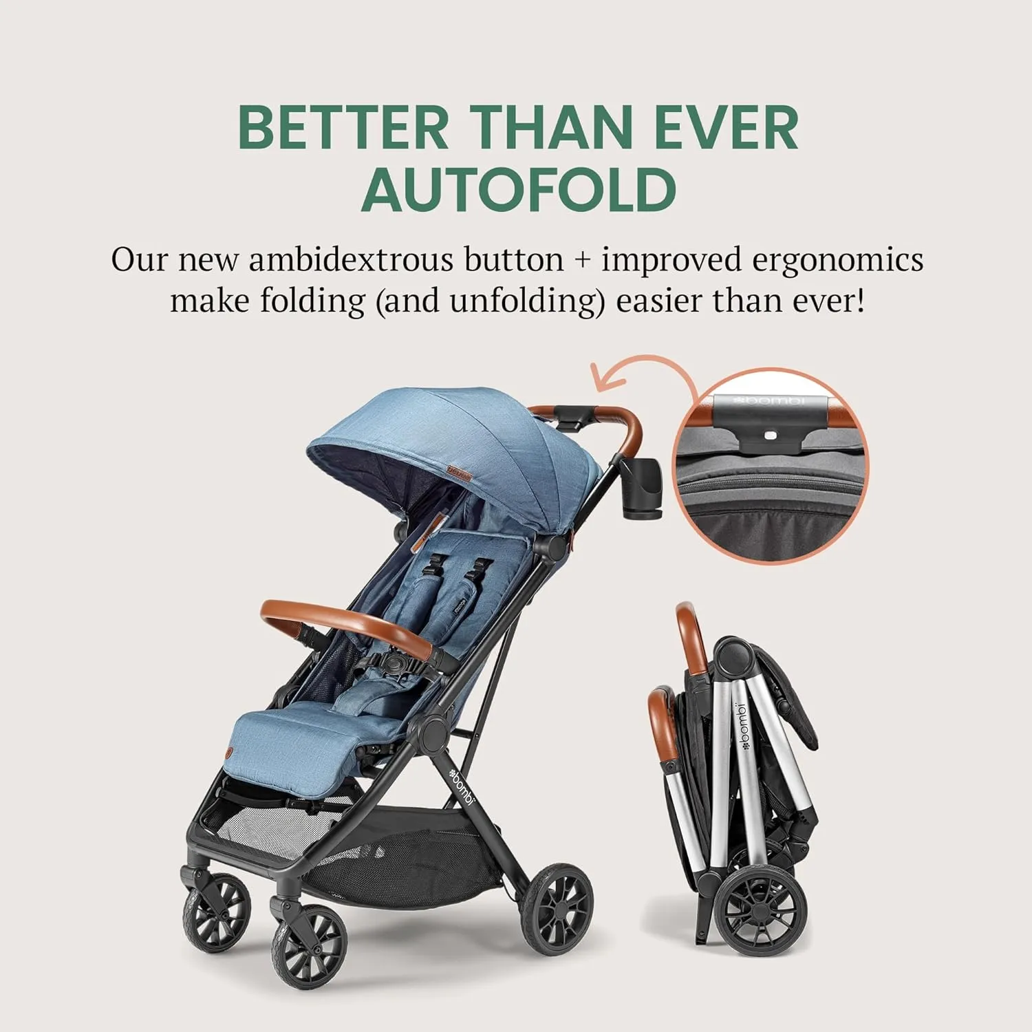 Bēbee V2 Lightweight Baby Stroller - Premium Vegan Leather, One-Hand Fold, Infinite Recline, Aircraft-Grade Aluminum Frame, XXL Canopy, and Ample Storage Umbrella Stroller - Storm Blue