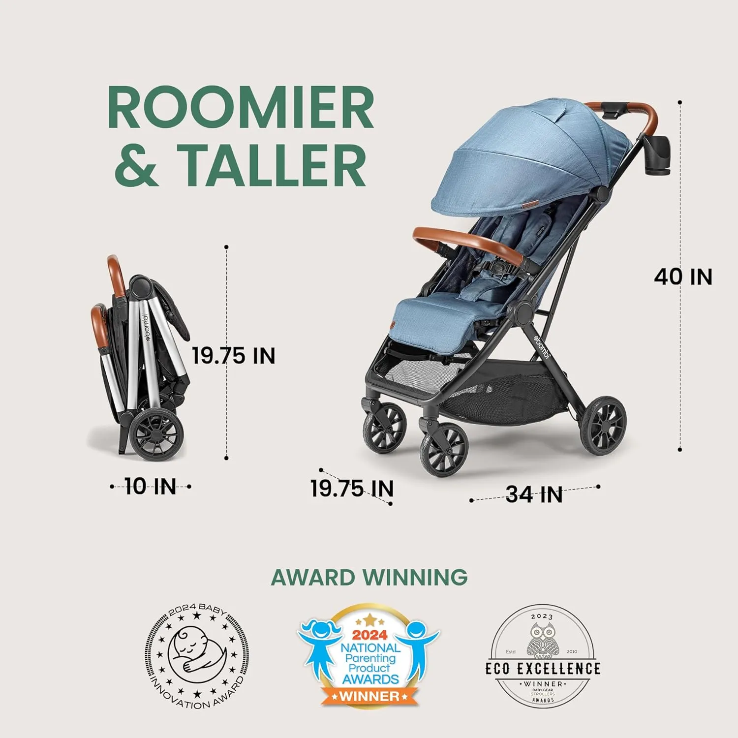 Bēbee V2 Lightweight Baby Stroller - Premium Vegan Leather, One-Hand Fold, Infinite Recline, Aircraft-Grade Aluminum Frame, XXL Canopy, and Ample Storage Umbrella Stroller - Storm Blue