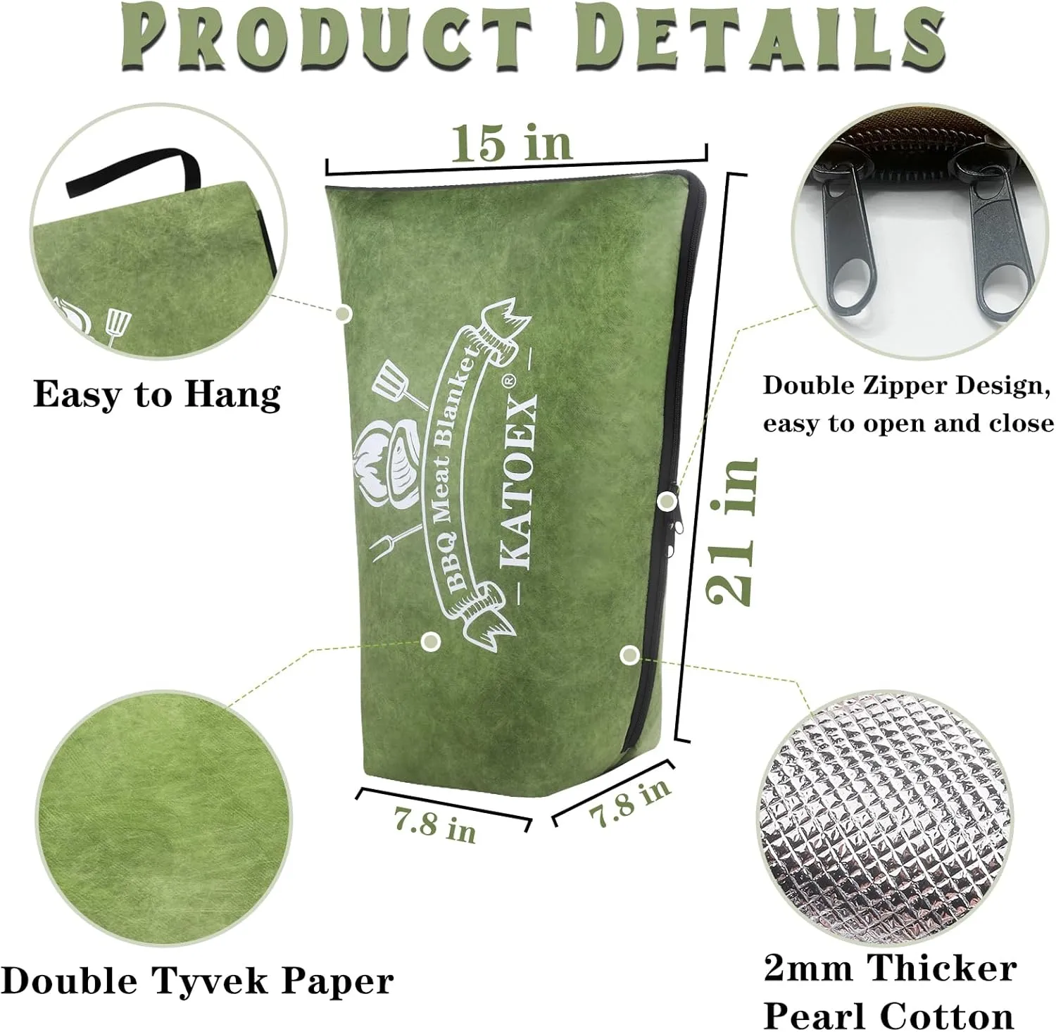 BBQ Blanket for Resting Meat, BBQ Brisket Blanket Meat Resting Blanket for Smoking, Grilling Meat Insulated Resting Bag with Wide Mouth for Large Brisket/Turkey (Regular 21in Green)