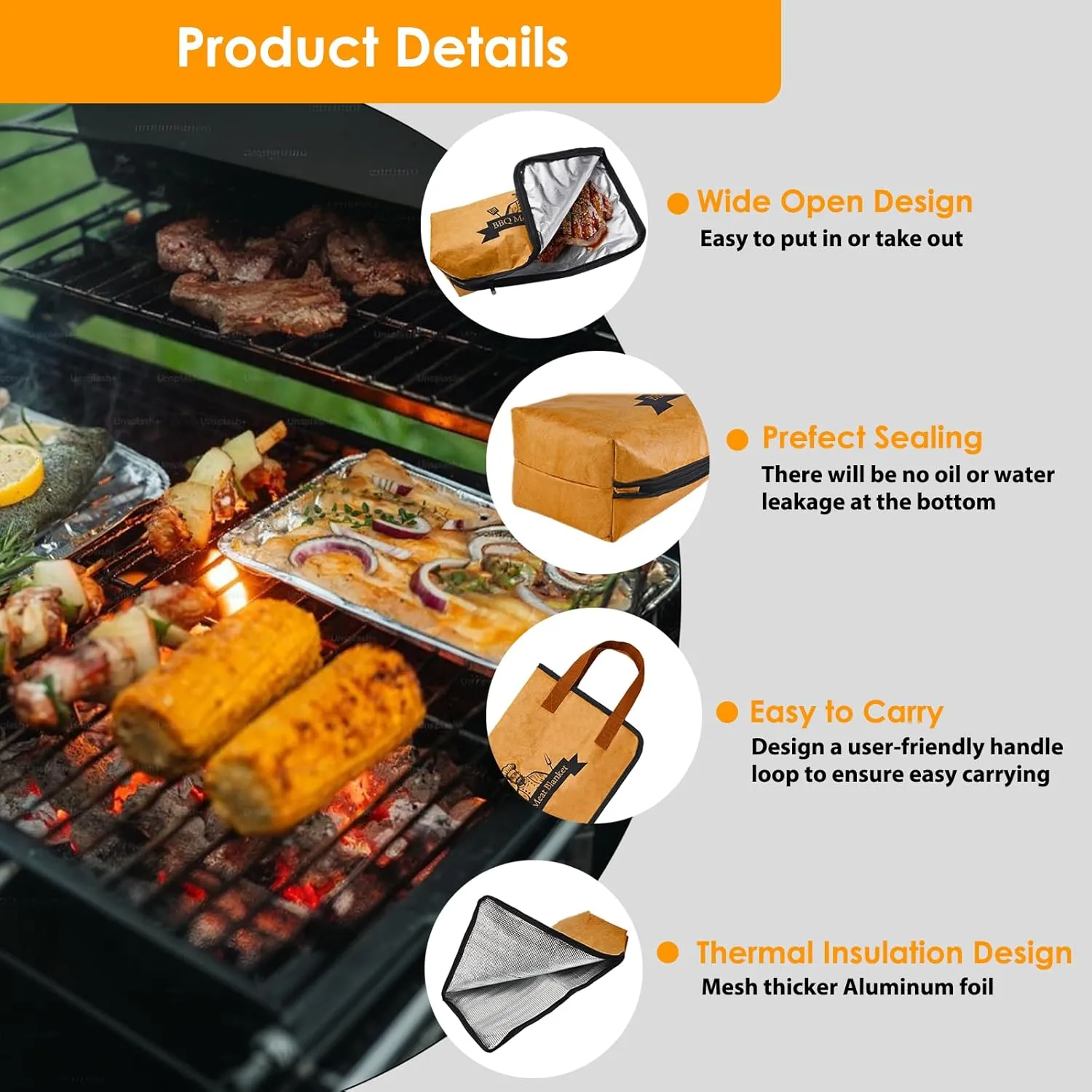 BBQ Blanket for Resting Meat, Reusable Smoker Grilling Meat Insulated Resting Bag, Wide Mouth for Large Brisket/Beef/Pork Shoulders/Turkeys (21 inch   15 inch)