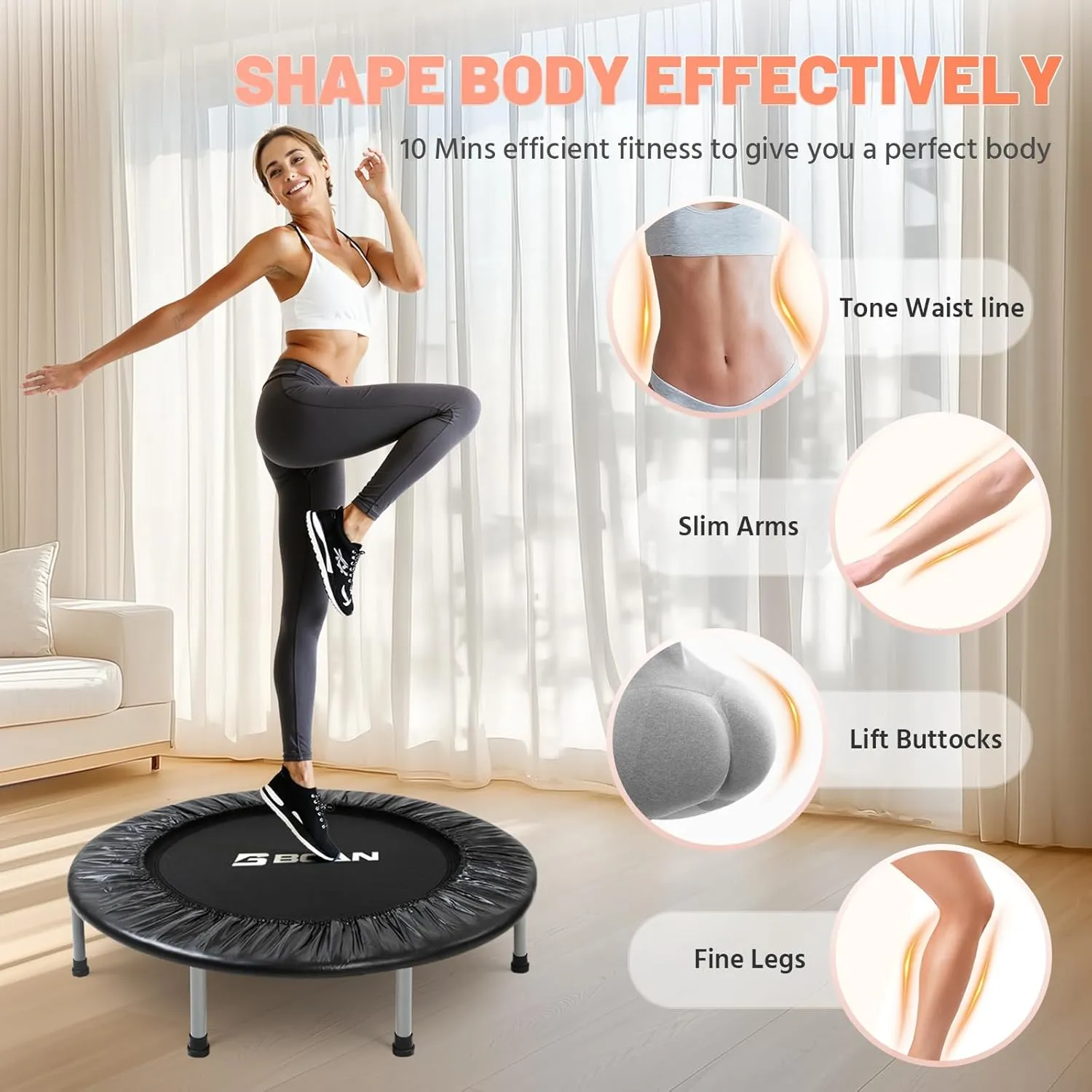 BCAN 38"/40''/48'' Foldable Mini Trampoline Fitness Trampoline with Safety Pad,Rebounder Exercise Trampoline for Adults Indoor/Garden Workout,Max Load 300lbs/440lbs