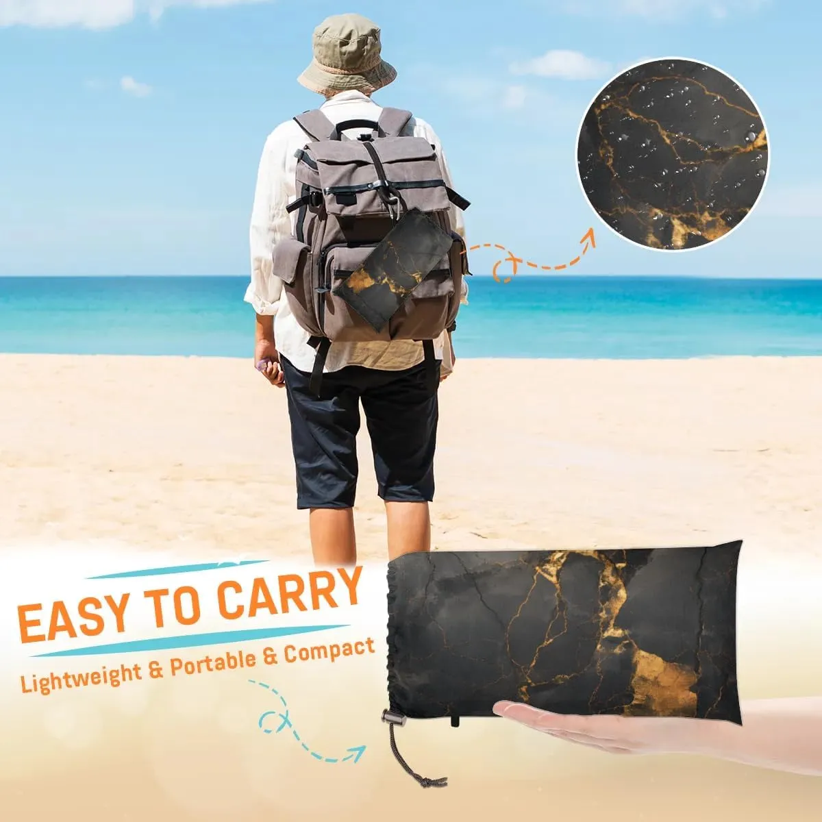 Beach Blanket, Abstract Marble Sandproof Beach Mat, Waterproof Quick Drying Sand Free Mat with 4 x Ground Spikes for Outdoor Travel Camping Hiking, Marble Black 68 x 59 in