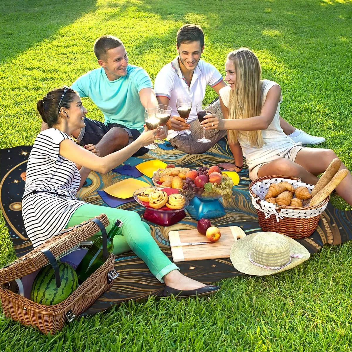 Beach Blanket, Animals Peacock Feather Sandproof Beach Mat, Waterproof Quick Drying Sand Free Mat with 4 x Ground Spikes for Outdoor Travel Camping Hiking, Peacock Feather Eye 68 x 59 in