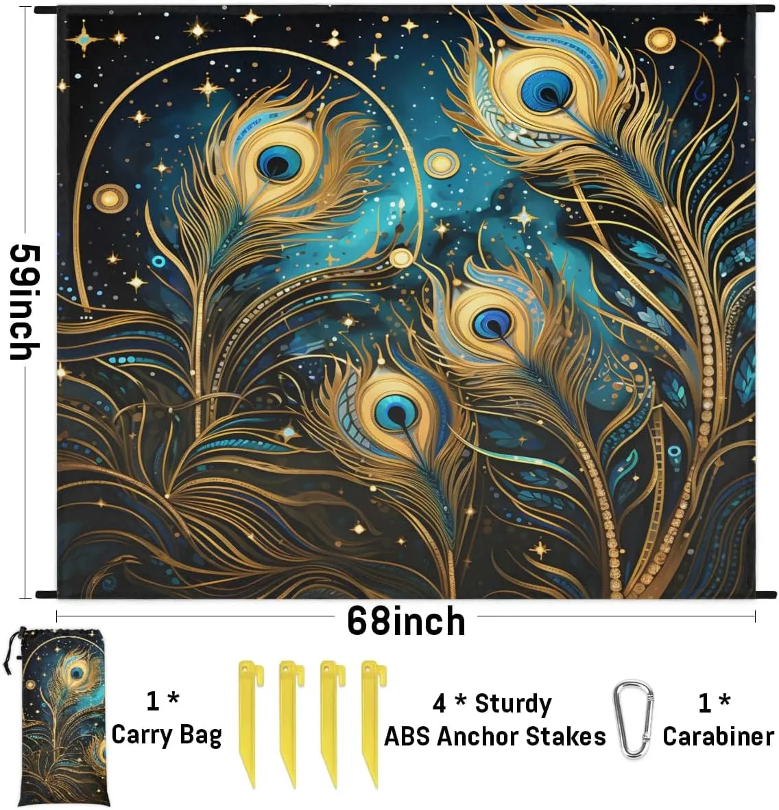 Beach Blanket, Animals Peacock Feather Sandproof Beach Mat, Waterproof Quick Drying Sand Free Mat with 4 x Ground Spikes for Outdoor Travel Camping Hiking, Peacock Feather Eye 68 x 59 in