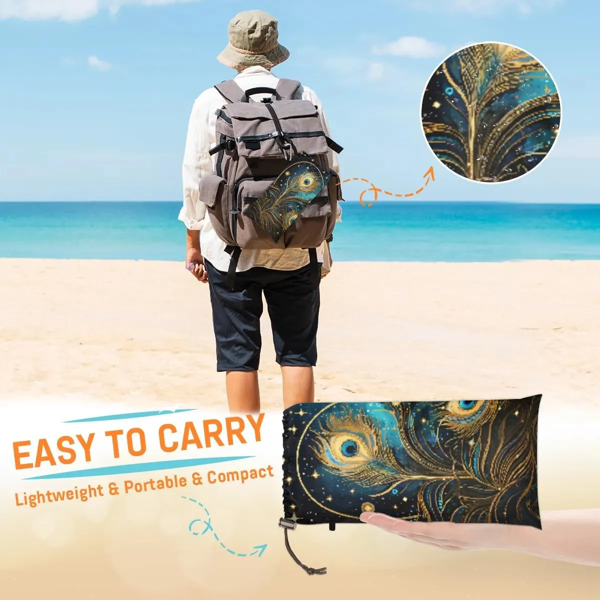 Beach Blanket, Animals Peacock Feather Sandproof Beach Mat, Waterproof Quick Drying Sand Free Mat with 4 x Ground Spikes for Outdoor Travel Camping Hiking, Peacock Feather Eye 68 x 59 in